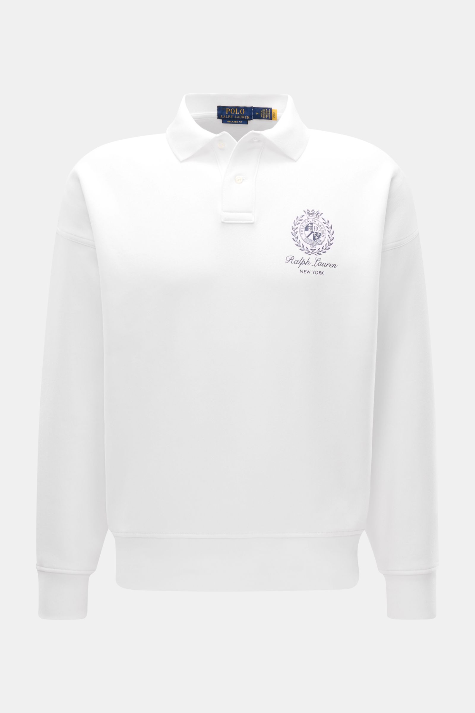 Polo Ralph Lauren Sweatshirt weiß, frontale Nahaufnahme, Oversized Fit, Baumwoll-Microfaser-Mix, Polokragen, Logo-Print, weicher Griff, Rippbündchen, soft innen.