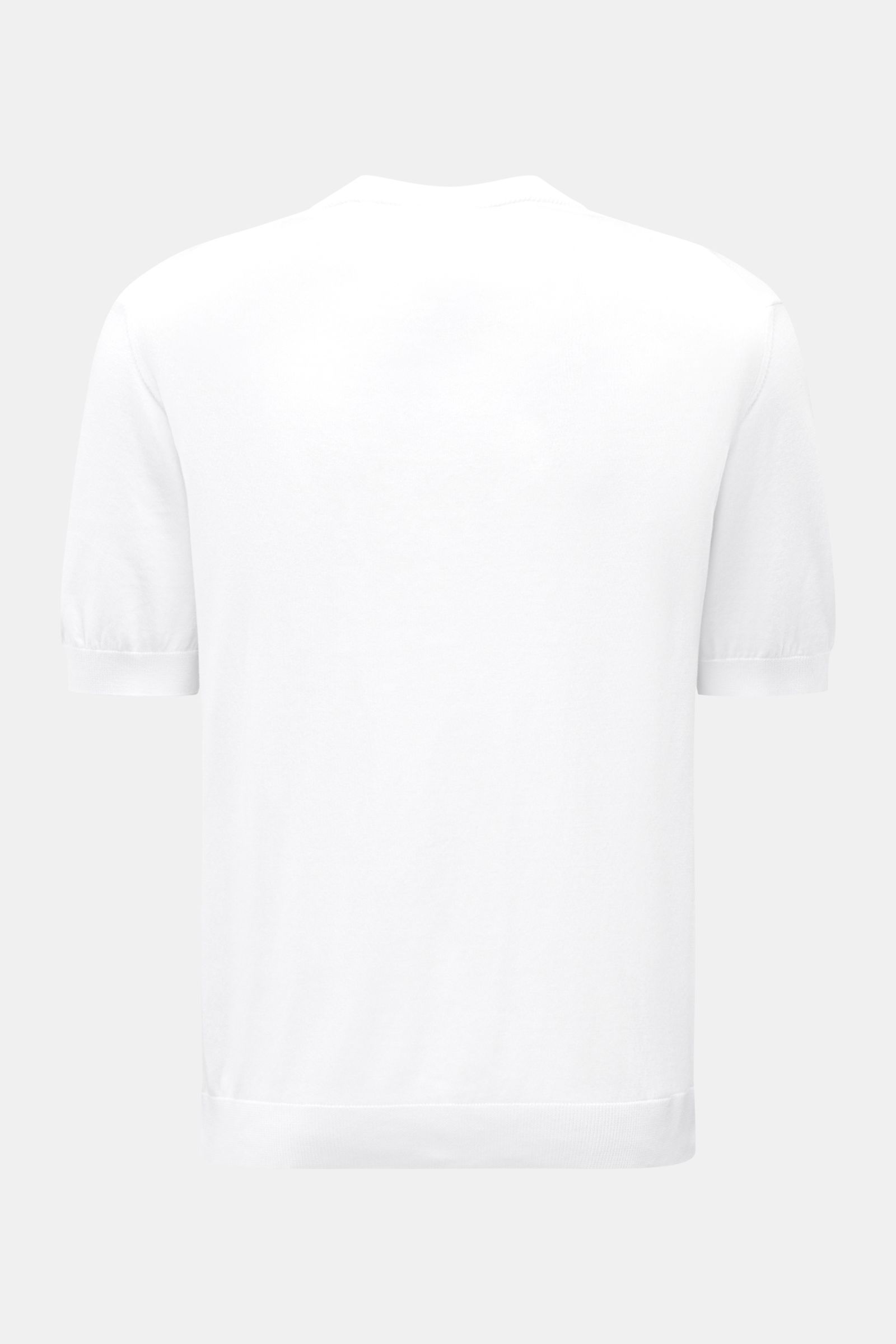 Back view of 04651/ A trip in a bag Short sleeve jumper 'Pima Cotton' white, showing crew neck, slim fit, and flexible ribbed bands.

Made of pure Pima cotton, the short sleeve jumper 'Pima Cotton' by 04651 / A TRIP IN A BAG has an airy knit that makes