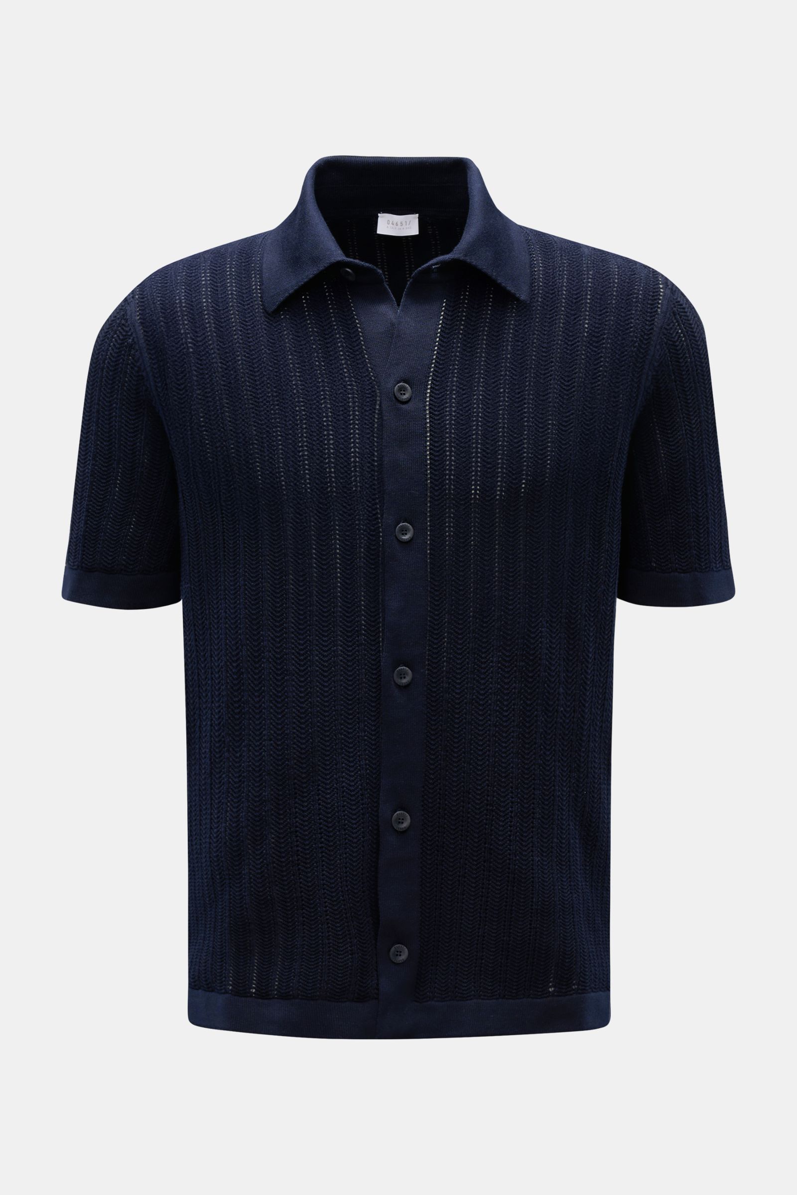 Alt tag (124 characters): Front view of 04651/ A trip in a bag Short sleeve knit shirt narrow collar navy in textured cotton, slim fit with button placket.

Description: Summery ease: With a casual cut and comfortable cotton, this short sleeve knit shi