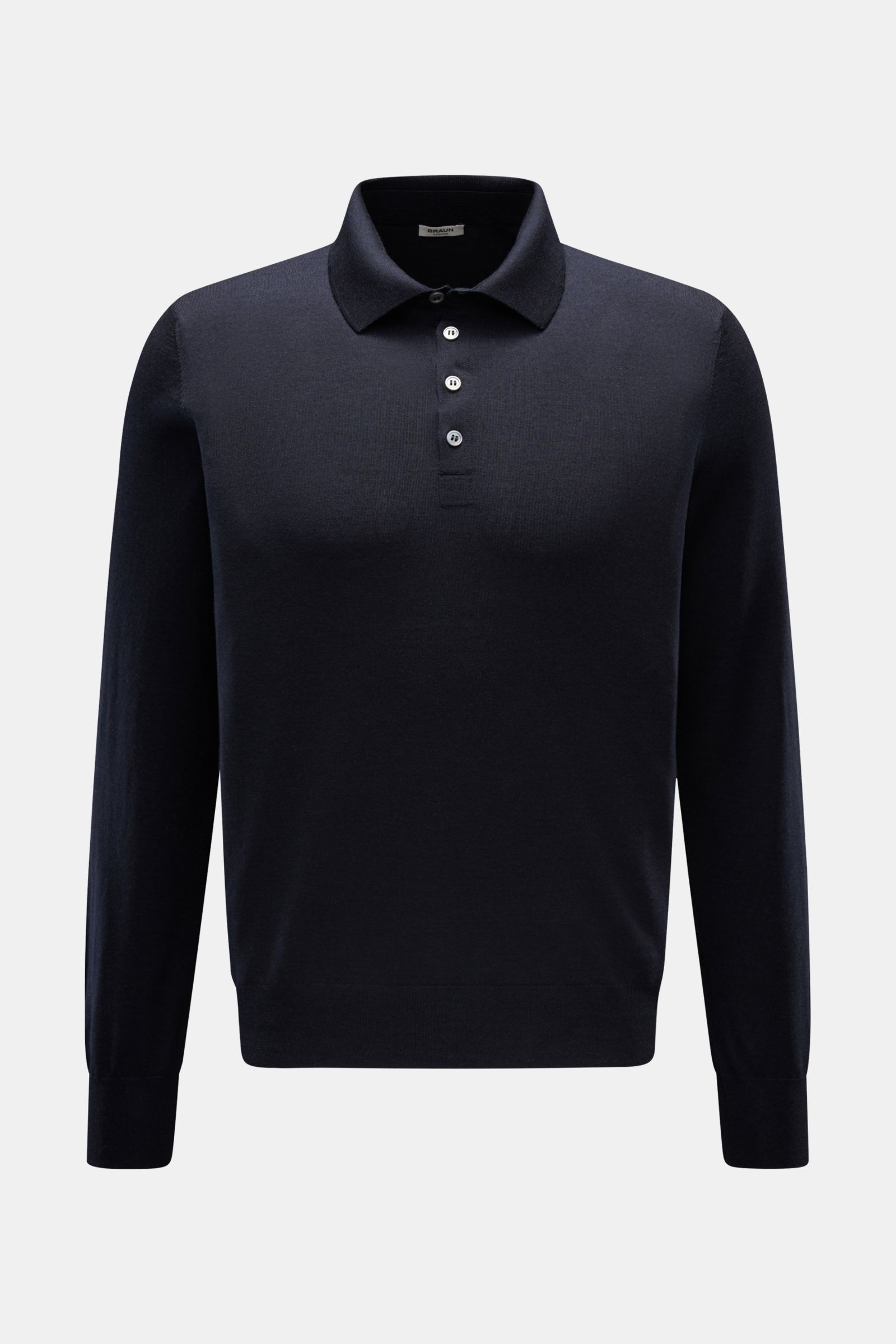 Front view of the Gran Sasso Fine knit polo navy by BRAUN HAMBURG, a slim fit long sleeve knit polo in a luxurious blend of virgin wool, cashmere, and silk with a soft feel, fine knit, signature collar, four-button placket, and ribbed bands.