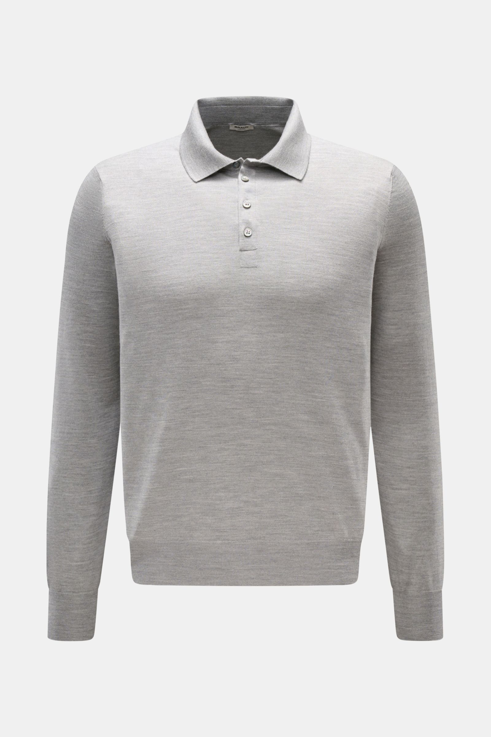 Front view of Gran Sasso Fine knit polo light grey mottled, a long sleeve slim fit knit polo with a signature collar, four-button placket, and ribbed bands. Luxury you can feel on your skin: This long sleeve knit polo by BRAUN HAMBURG has an exceptionally