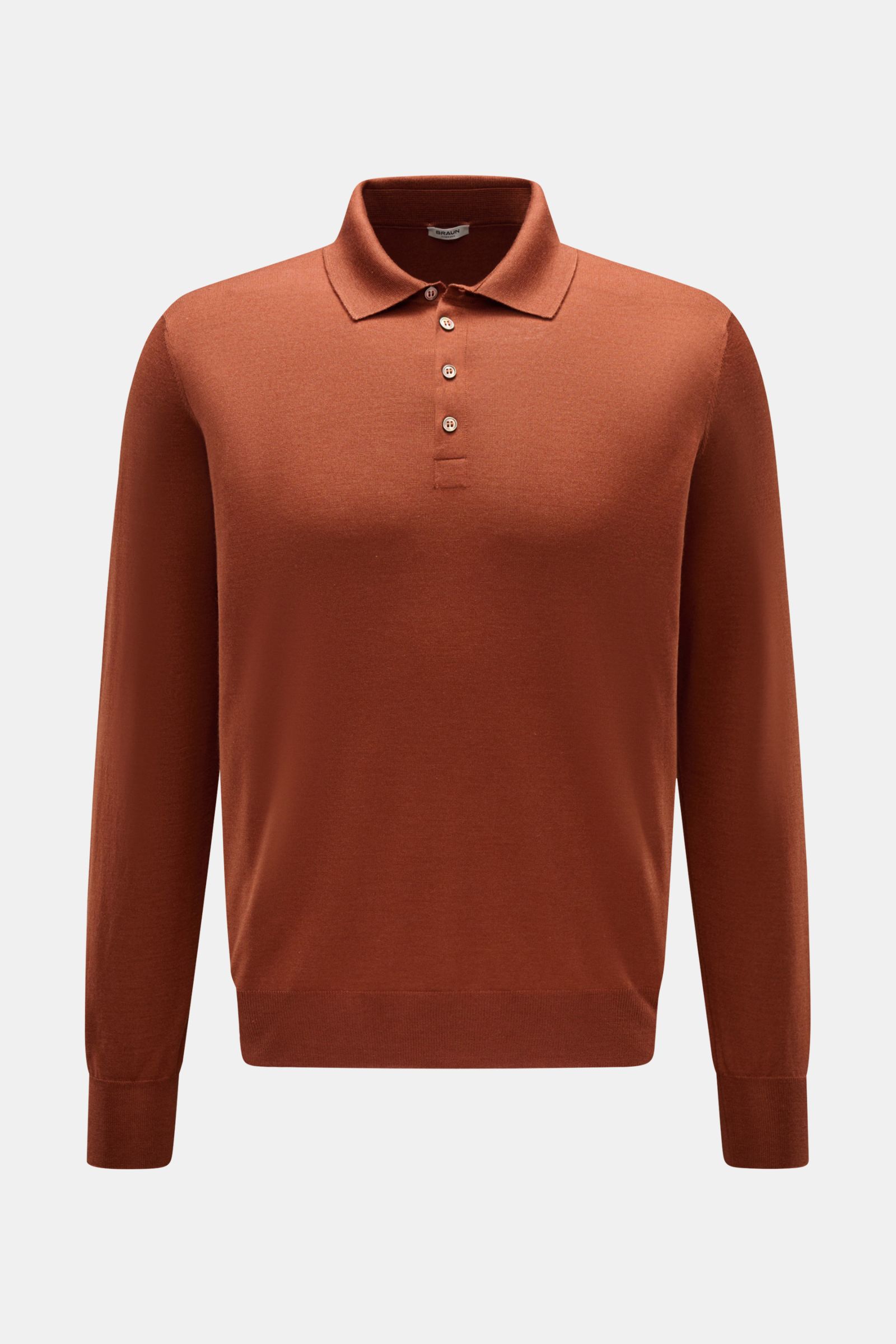Front view of Gran Sasso Fine knit polo rust brown, a long sleeve knit polo by BRAUN HAMBURG made from a luxurious blend of virgin wool, cashmere, and silk. It features a very soft feel, very fine knit, slim fit, signature polo shirt collar, smooth four-b