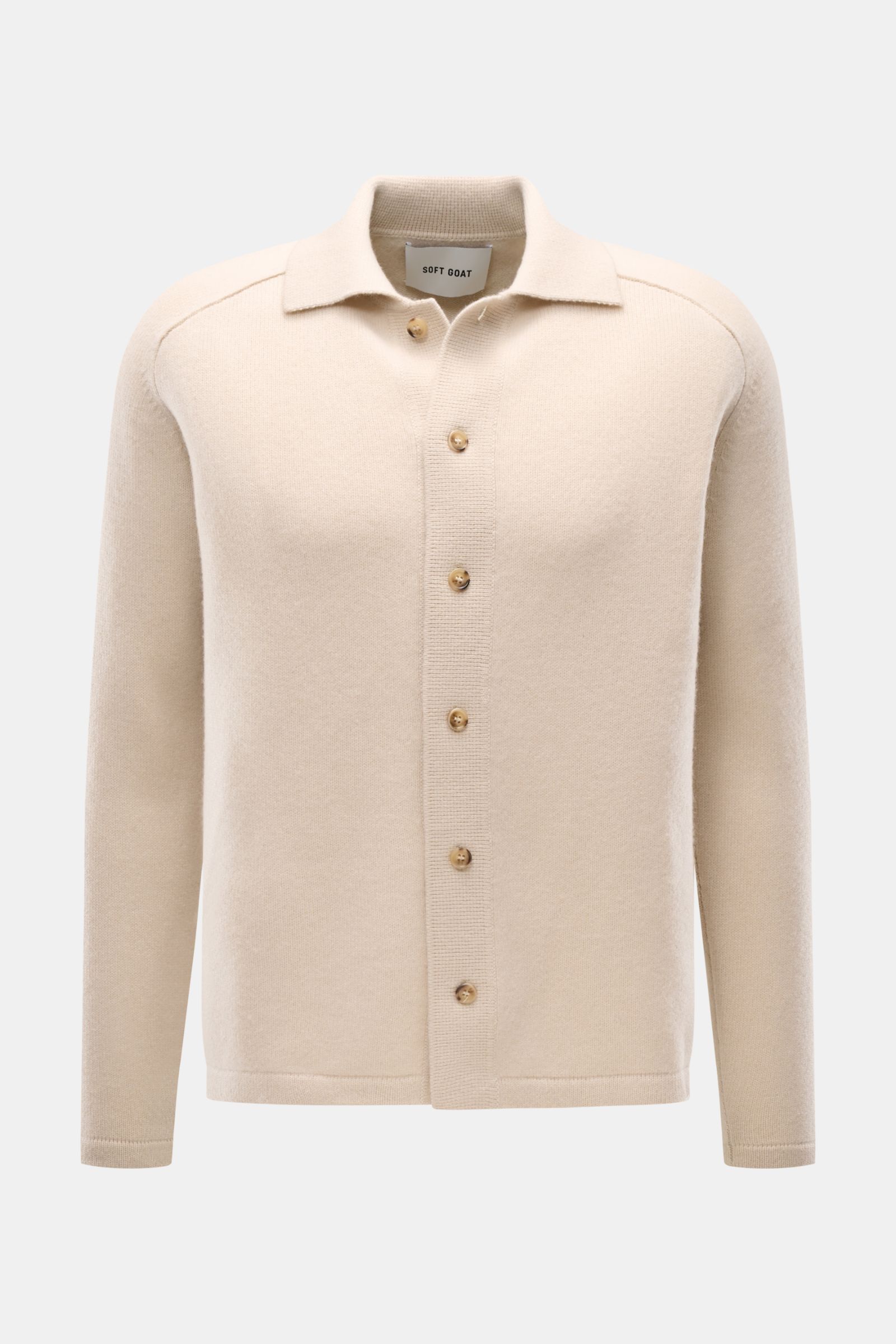 Soft Goat Cashmere cardigan sand shown from the front, slim fit with turn-down collar, raglan sleeves, six-button placket, wide ribbed bands, made of pure sustainable cashmere with a very soft feel and medium-fine knit.