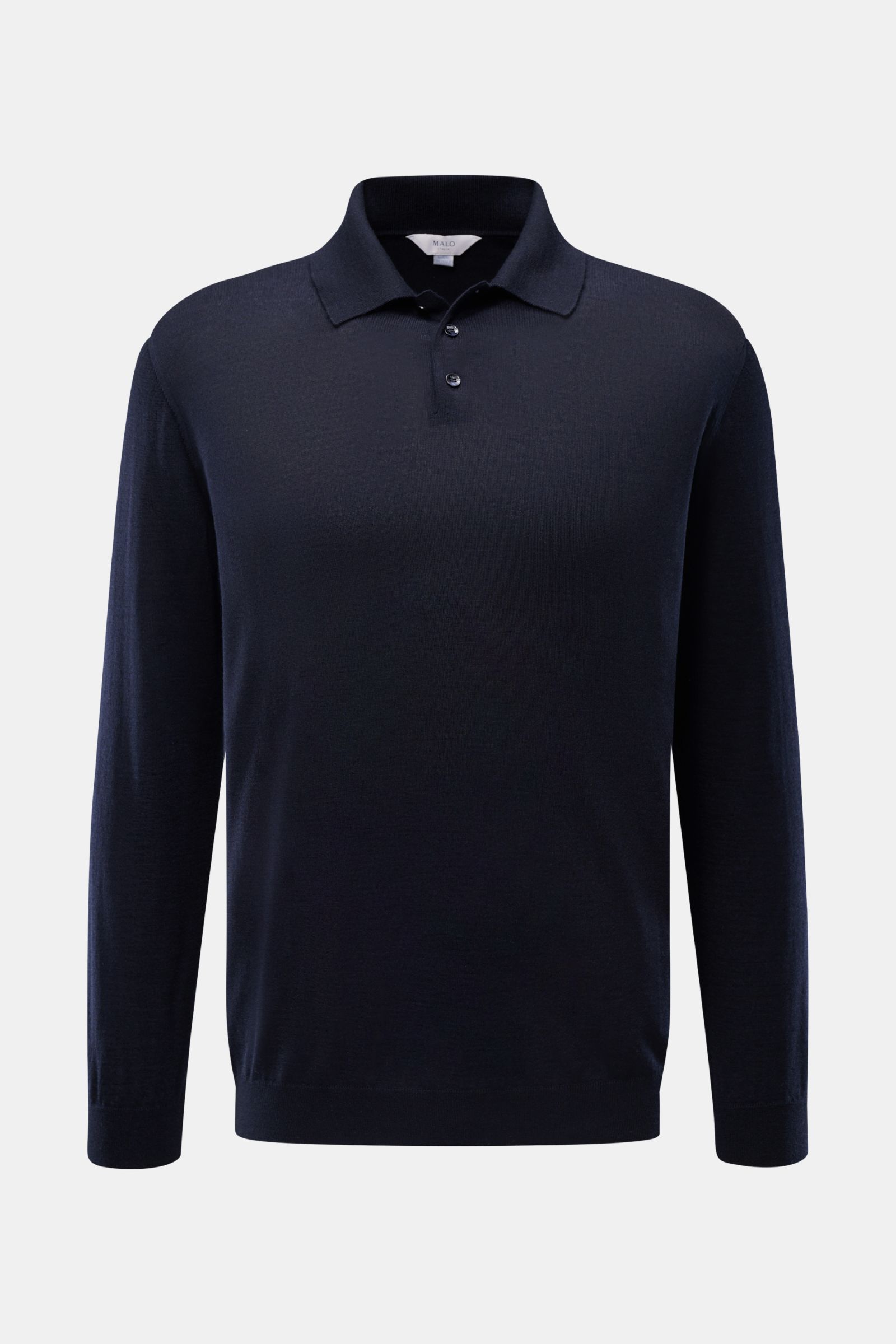 Front view of Malo Knit polo navy in dark navy, a soft knit polo with dress-shirt collar and three-button placket.

Description: 
An everyday essential: This soft knit polo by MALO is made of fine fabric in cashmere and silk – a stylish piece for class