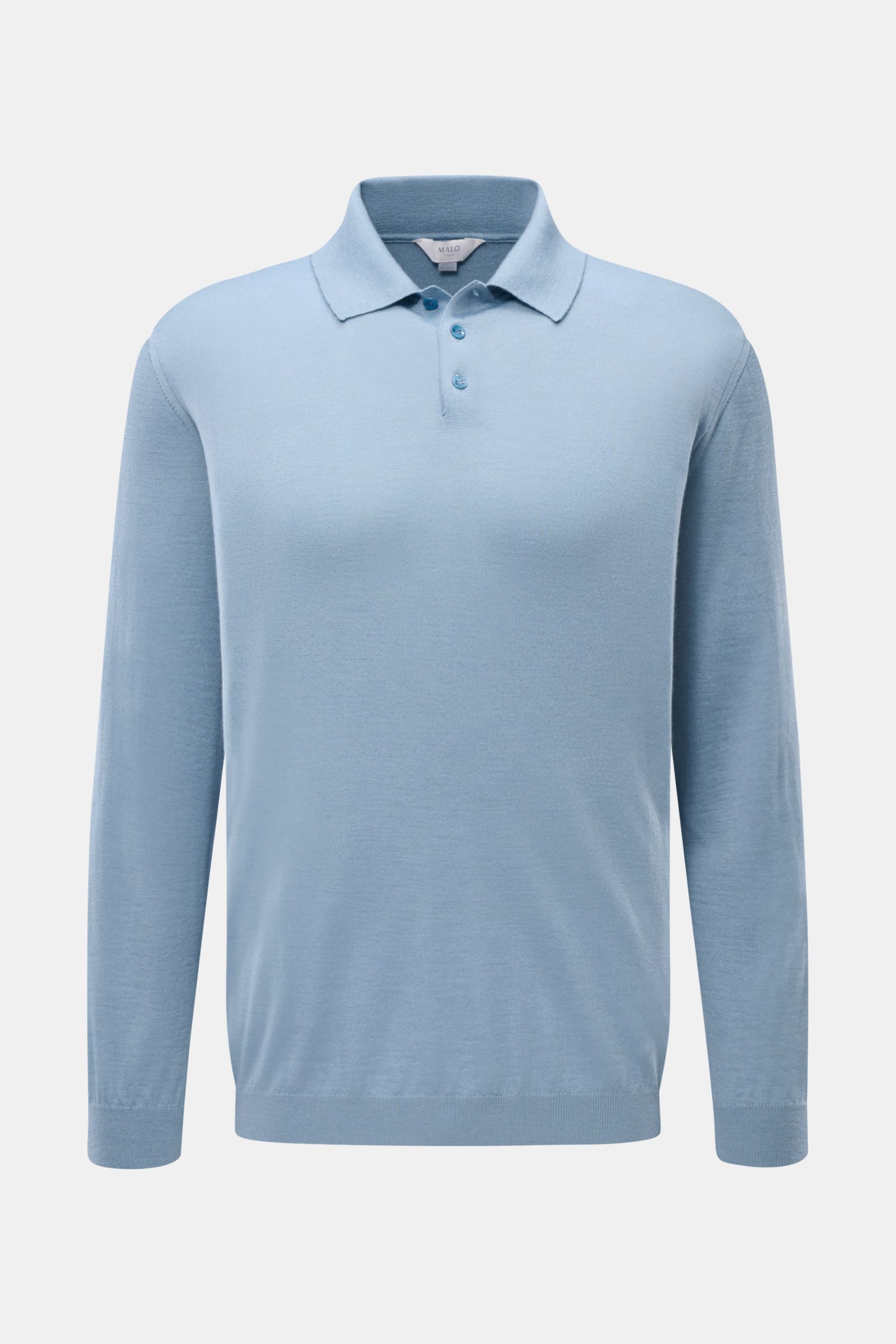 Front view of Malo Knit polo smoky blue, a soft knit polo made of fine cashmere and silk fabric with a slim fit, dress-shirt collar, three-button placket, and ribbed bands.

An everyday essential: This soft knit polo by MALO is made of fine fabric in c