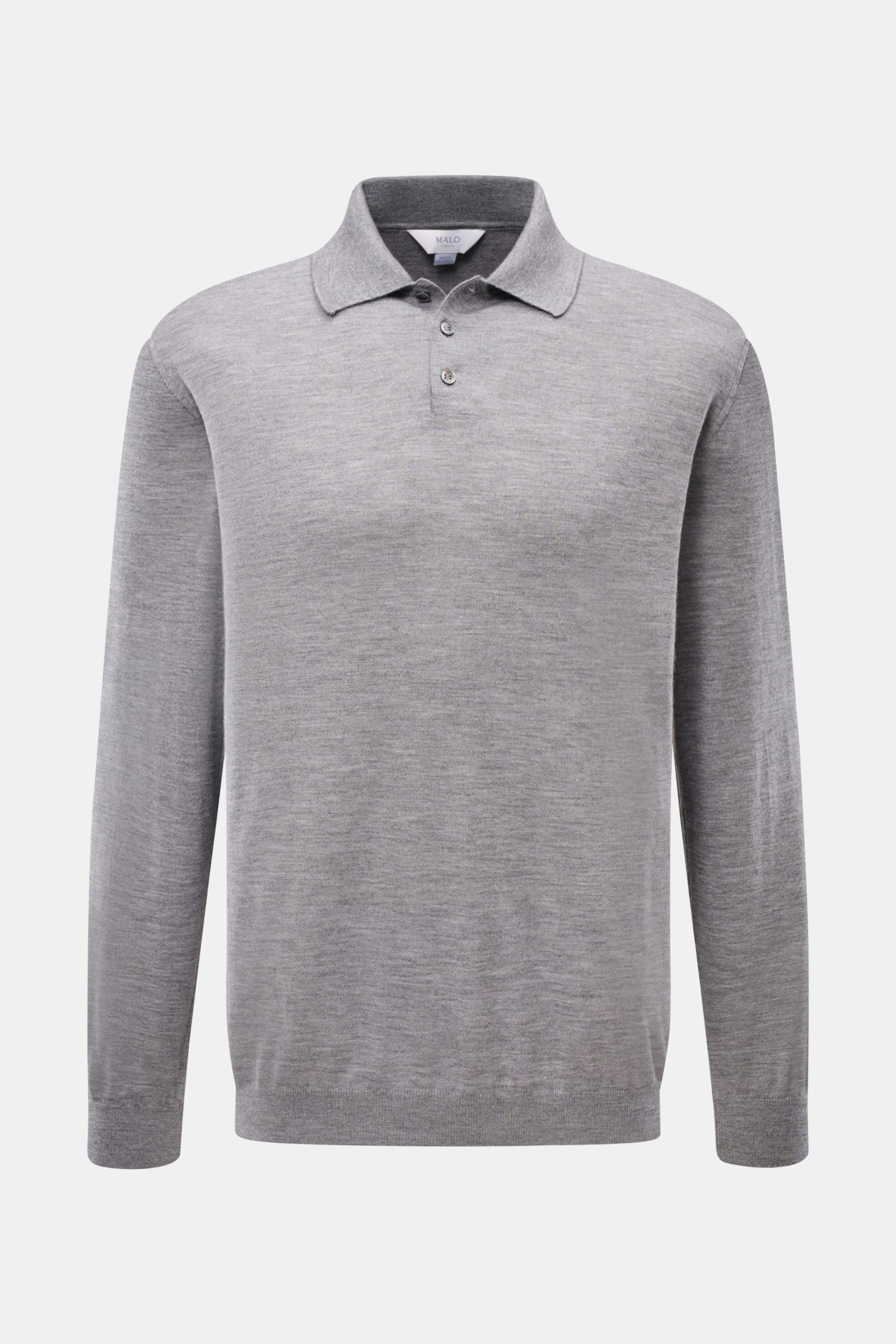 Front view of Malo Knit polo grey melange in soft, fine knit cashmere and silk blend with slim fit, dress-shirt collar, three-button placket, and ribbed bands.

Description:
An everyday essential: This soft knit polo by MALO is made of fine fabric in c