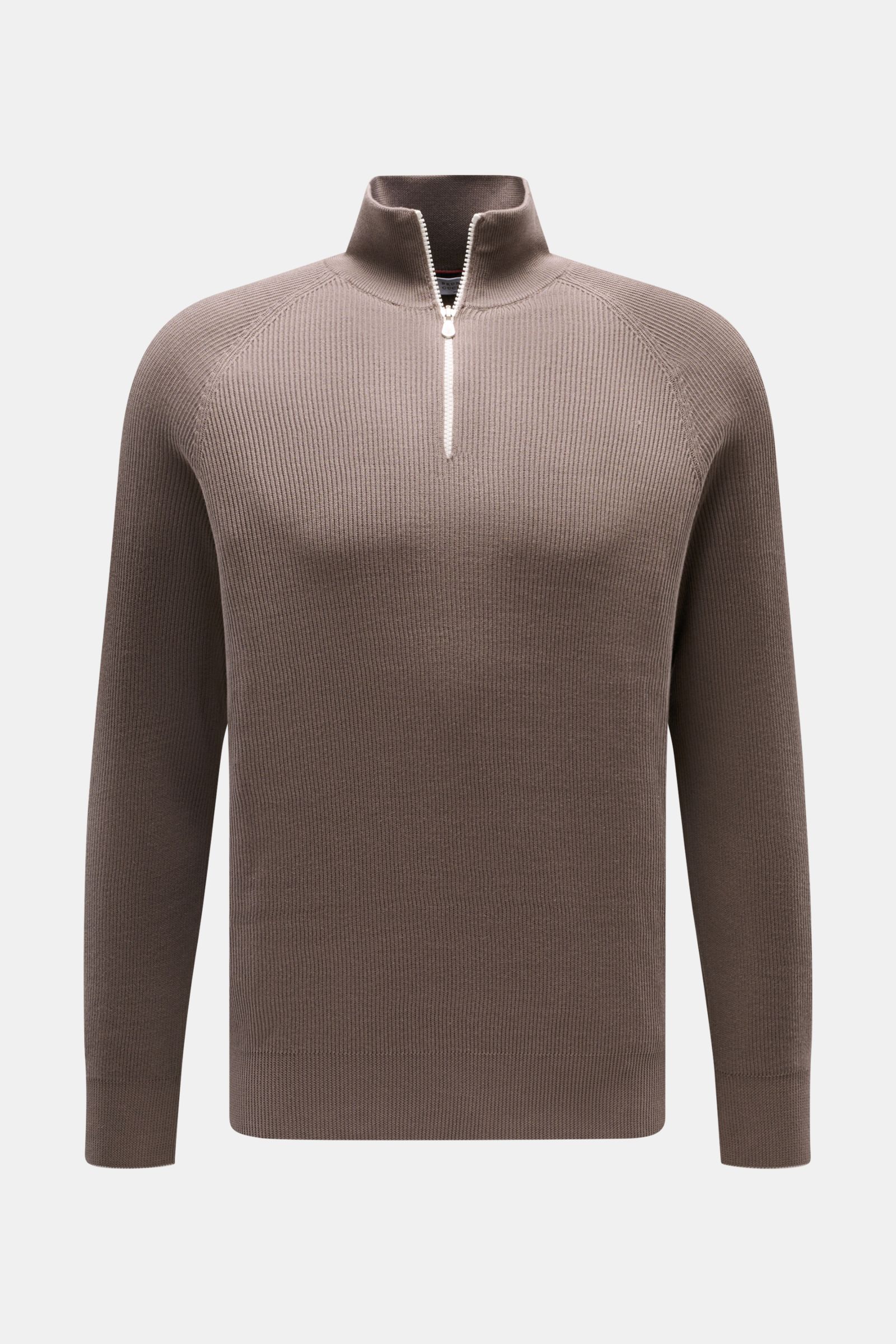 Alt tag (max 125 characters): Front view of Brunello Cucinelli Troyer taupe in fine knit cotton with zipper collar, slim contrast edges, and rib cuffs.

Detailed description: 
Casual-Eleganz auf höchstem Niveau: Der Troyer von BRUNELLO CUCINELLI aus ed