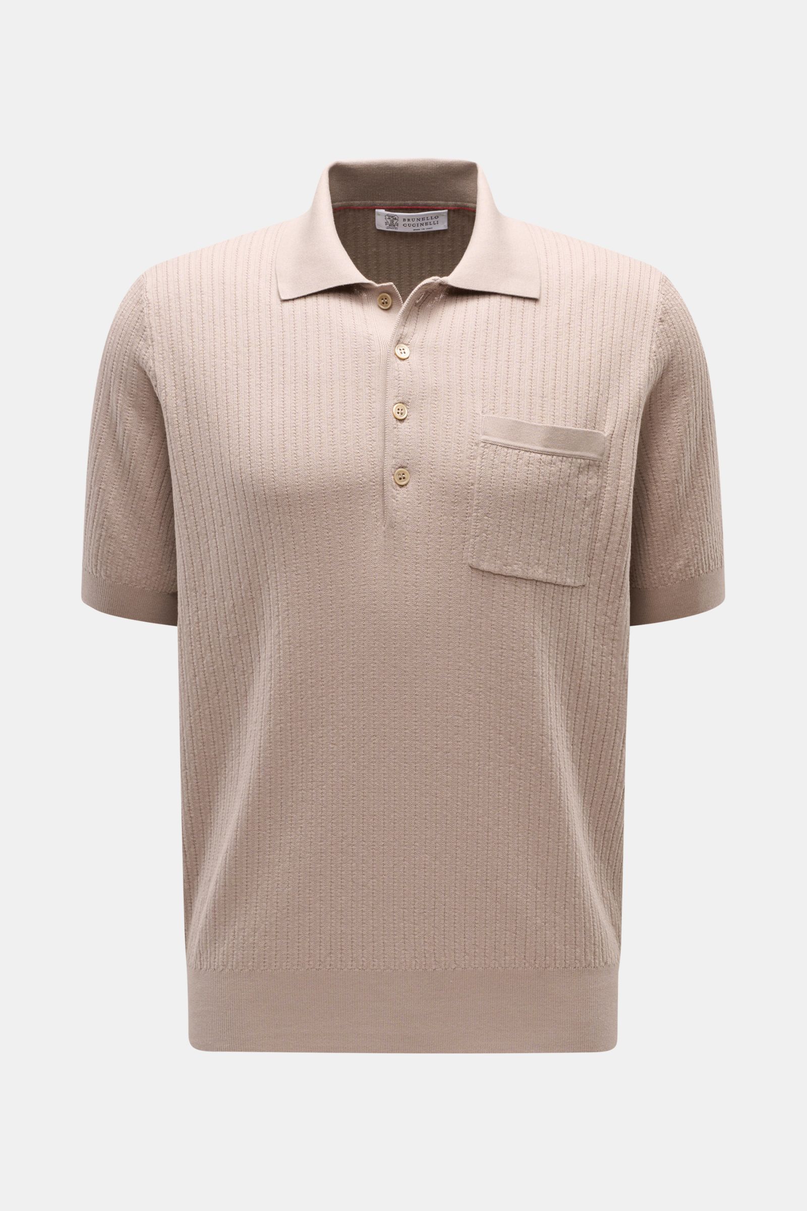 Brunello Cucinelli Kurzarm-Strickpolo taupe, front view, short-sleeve knit polo with classic collar, chest pocket, four-button placket, soft pure cotton knit.