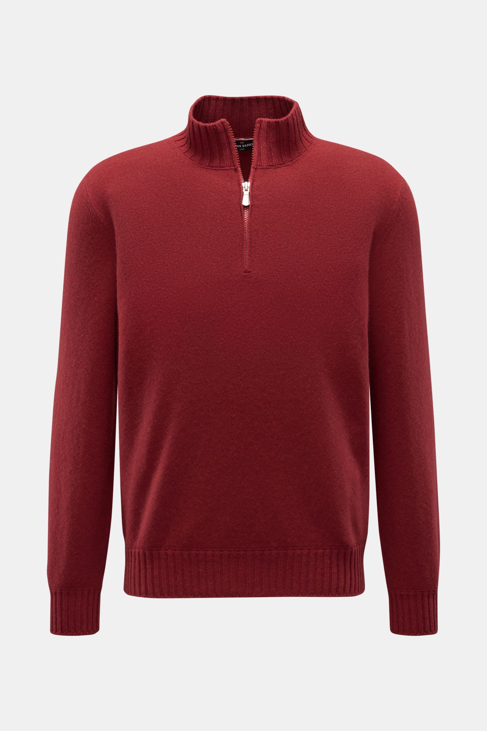 Gran Sasso Cashmere Troyer dunkelrot, Slim Fit, aus reinem Cashmere mit Troyerkragen, elastischen Rippbündchen, feinem Strickbild, von vorne fotografiert.