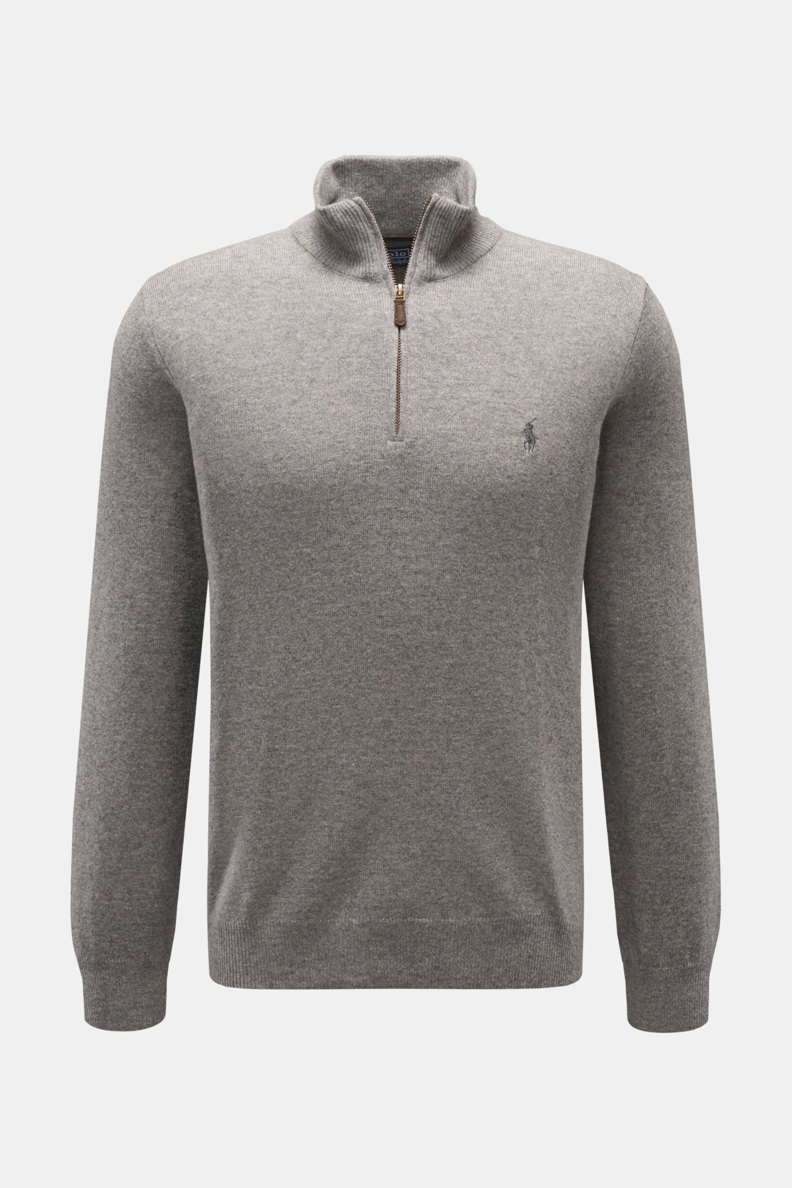 Polo Ralph Lauren Troyer grau meliert, frontale Ansicht, Slim Fit Rollkragenpullover aus reiner, softer Wolle mit Reißverschluss, Logo-Stitching, elastischen Bündchen.