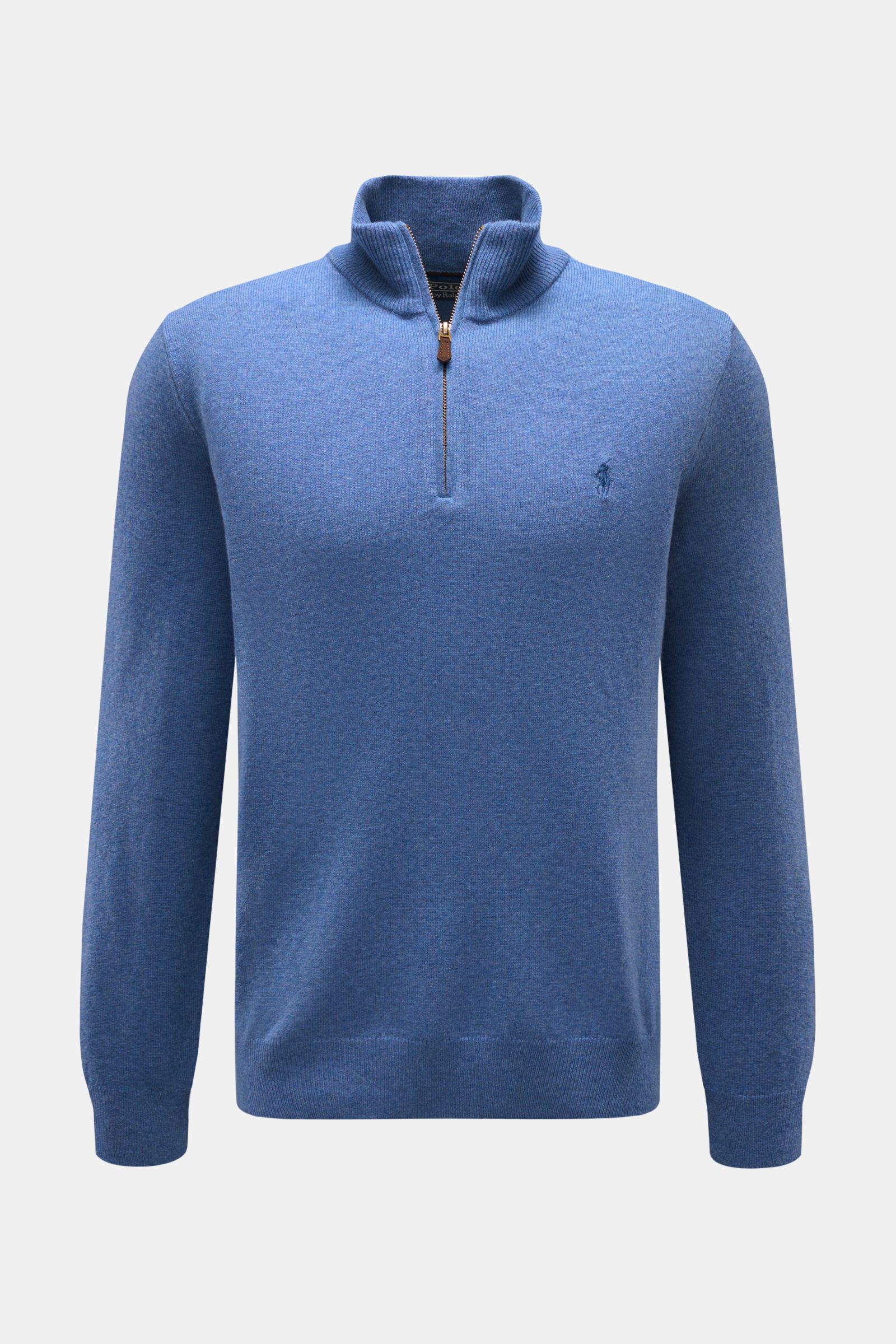 Polo Ralph Lauren Troyer blau meliert aus reiner, softer Wolle, Slim Fit, feines Strickbild, Rollkragen mit Reißverschluss, frontale Perspektive.