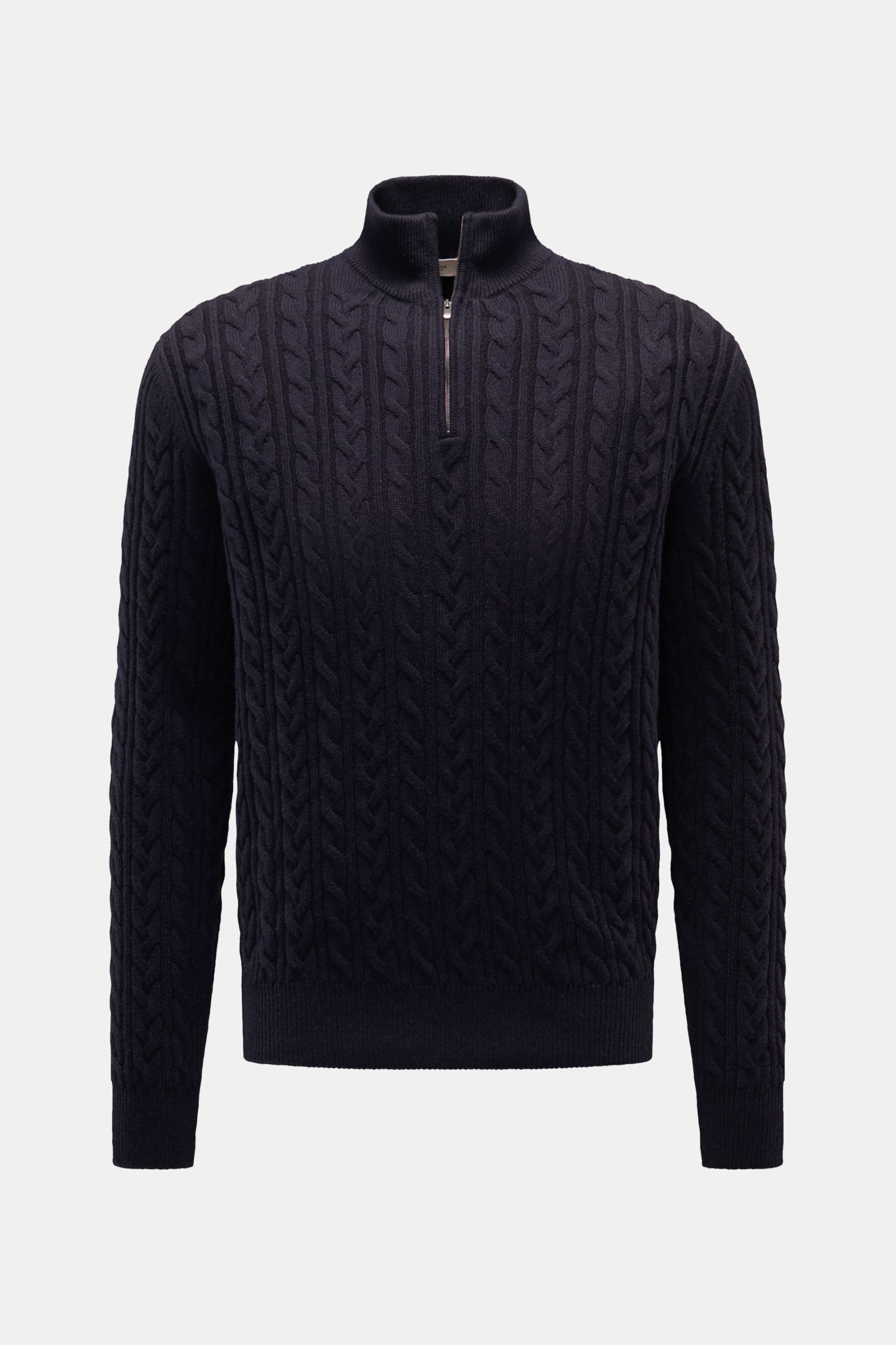 Agnona Cashmere Troyer navy in Frontansicht, Zopfstrick-Muster, Troyer-Kragen mit Reißverschluss, weicher Griff, Regular Fit, Metall-Logo.