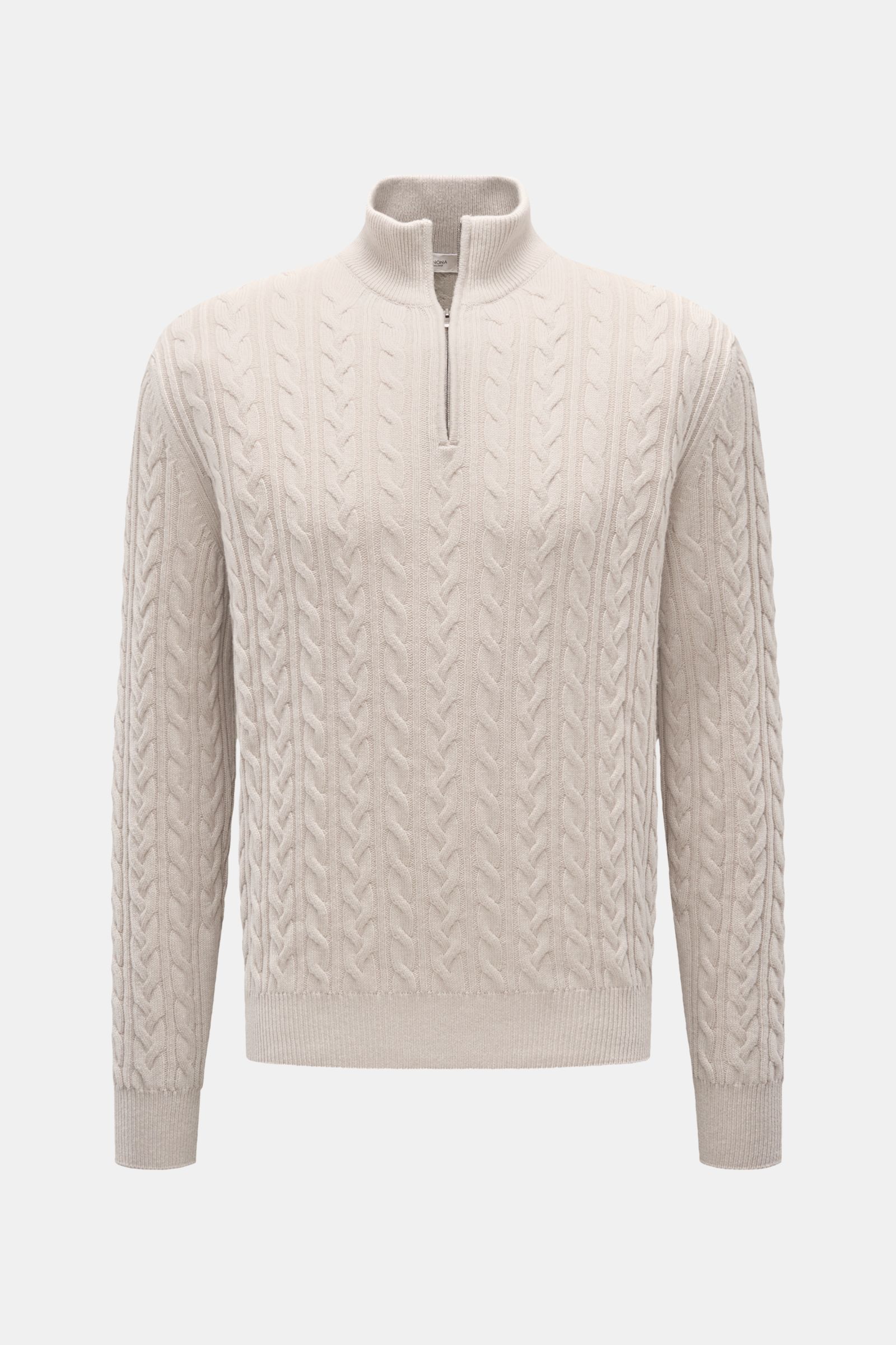Agnona Cashmere Troyer beige in Frontansicht, Zopfstrick-Muster, Troyer-Kragen mit Reißverschluss, weicher Griff, Regular Fit, Metall-Logo.