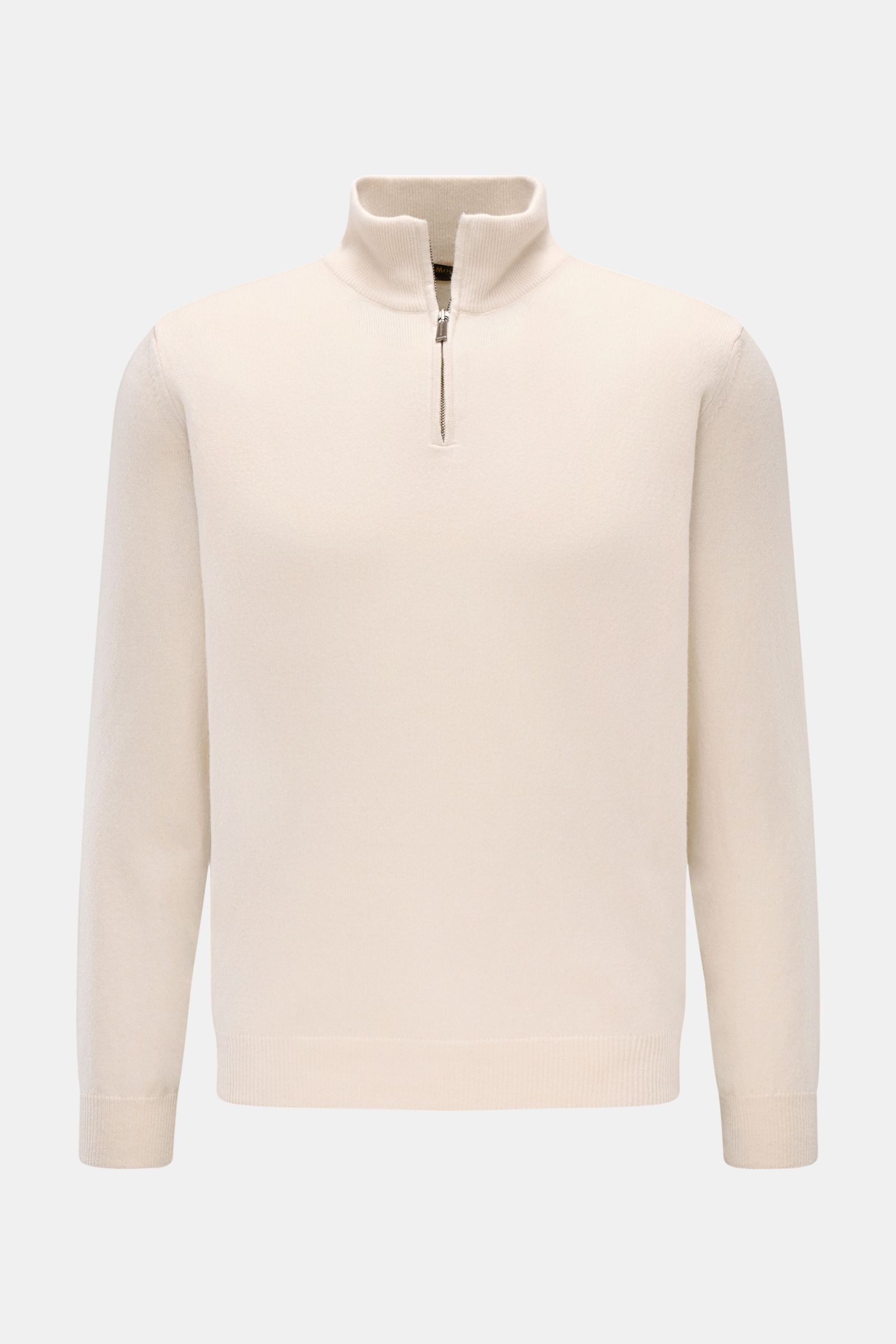 Front view of Moorer Half-zip jumper 'Terni' cream, cashmere and silk blend, soft feel, fine knit, slim fit, signature half-zip jumper collar with zip, flexible ribbed bands.