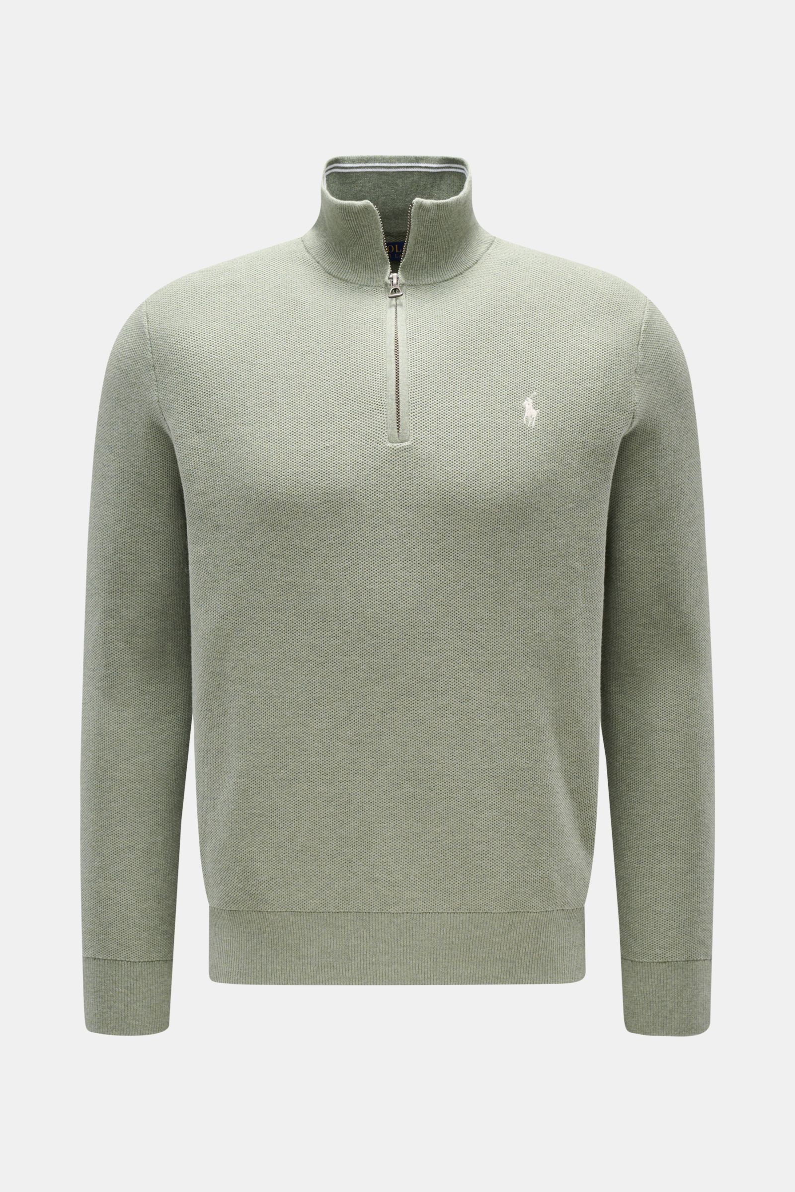 Polo Ralph Lauren Half-zip jumper mint green shown from the front, made of pure cotton with a half-zip collar, tonal polo player stitching, ribbed bands, medium-fine knit, regular fit, slightly robust to the touch. A essential for mild days: This half-zip