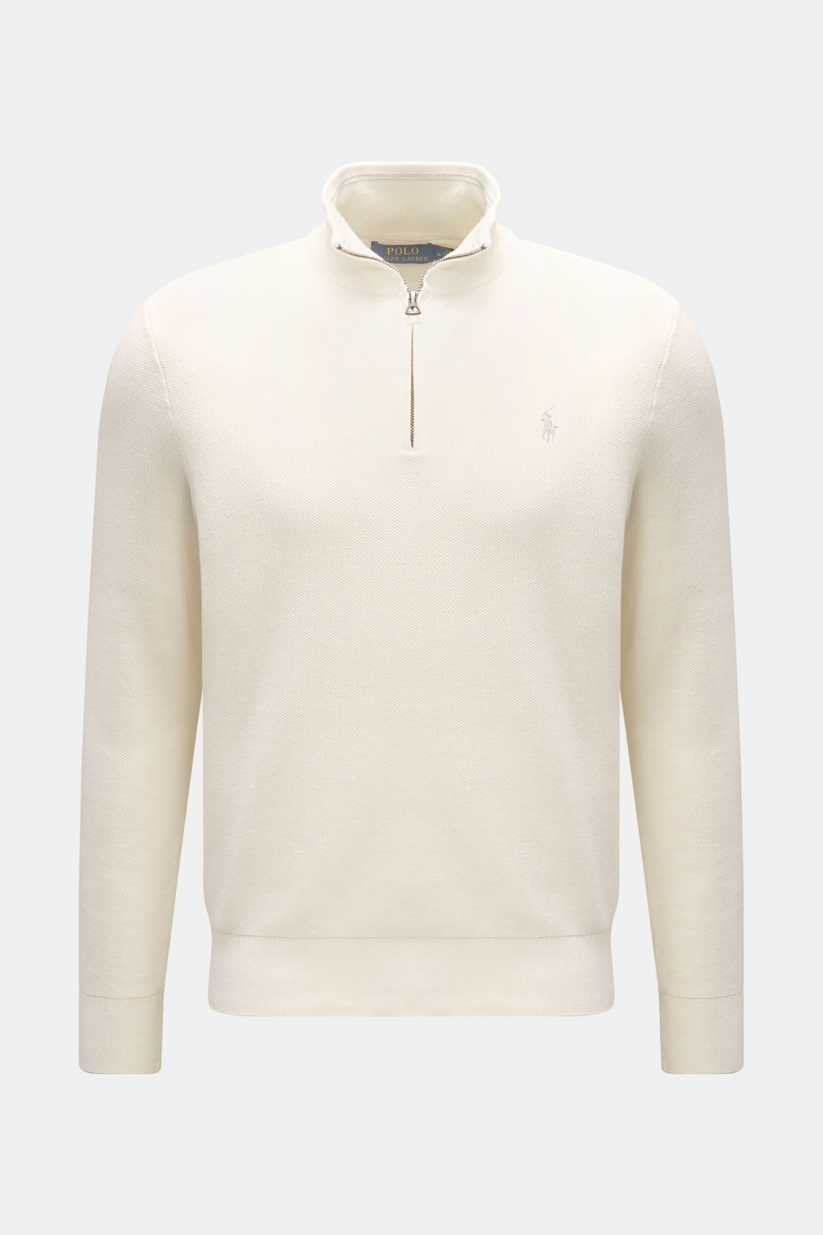 Polo Ralph Lauren Troyer offwhite in Frontansicht, aus reiner Baumwolle, mit dreidimensionalem Strukturstrick, Troyer-Kragen mit Reißverschluss und Polospieler-Stitching.