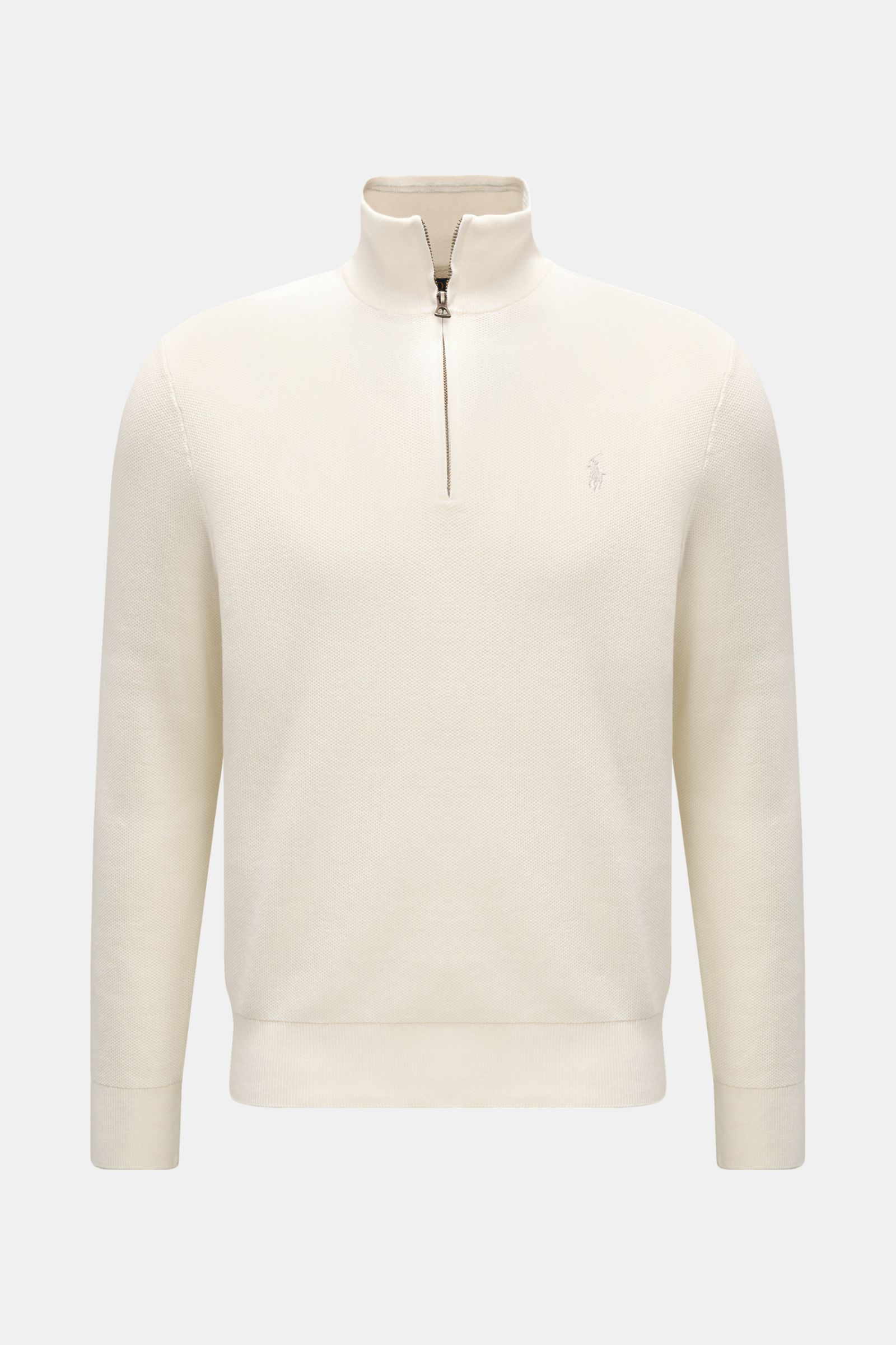 Polo Ralph Lauren Troyer offwhite, frontale Nahaufnahme, Troyer-Kragen mit Reißverschluss, feiner Strukturstrick, Polospieler-Stitching, Baumwolle, Regular Fit.