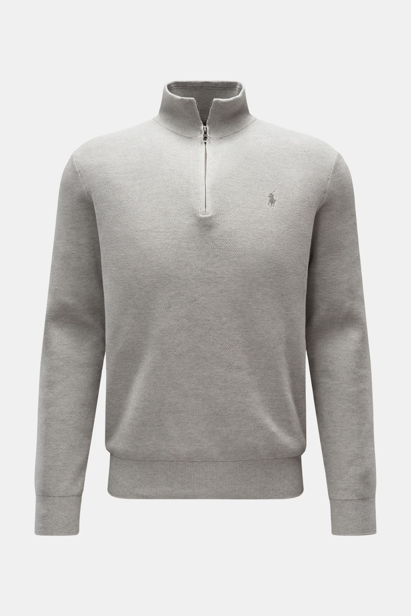Graues Polo Ralph Lauren Troyer-Pullover aus reiner Baumwolle mit Reißverschluss-Kragen, tonalem Polospieler-Stitching, Rippbündchen, Regular Fit, frontale Ansicht.