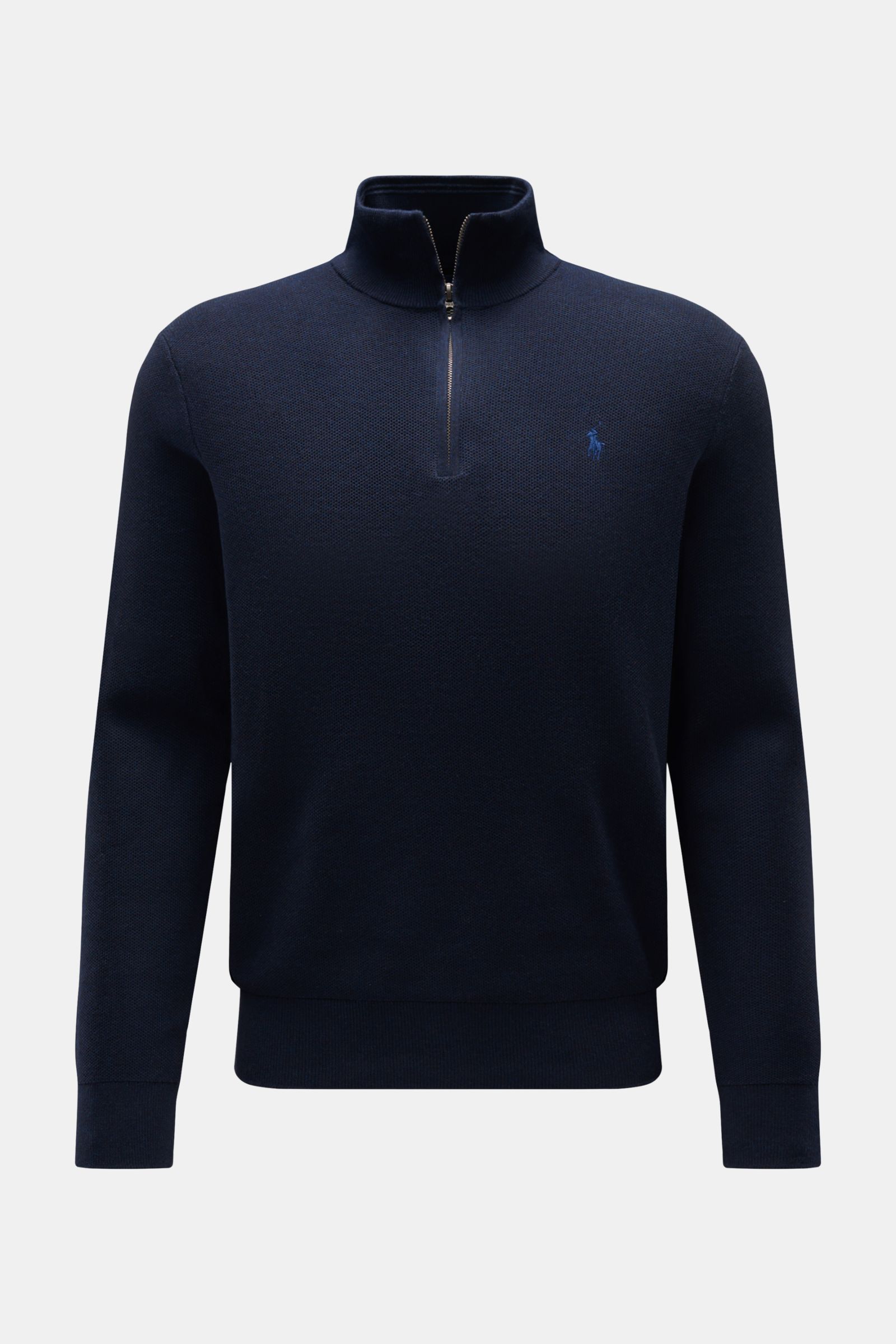 Polo Ralph Lauren Troyer navy aus reiner Baumwolle, mittelfeines Strickbild, Regular Fit, Troyer-Kragen mit Reißverschluss, frontale Ansicht.