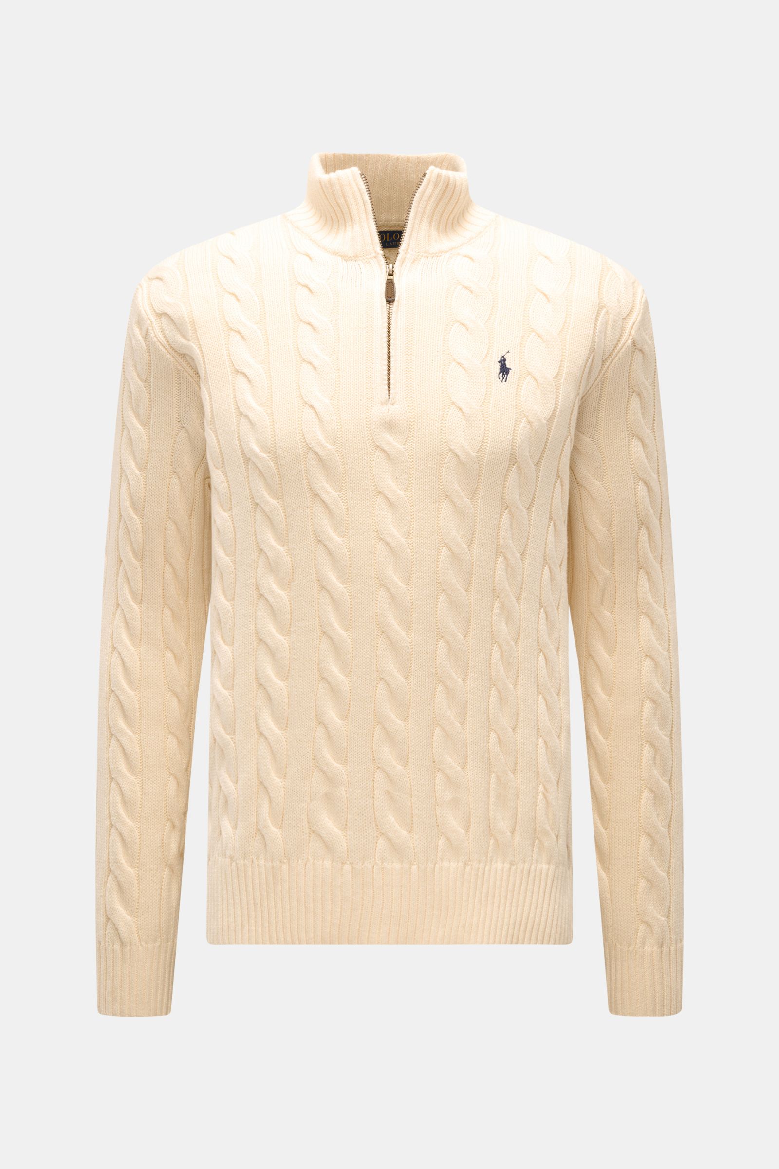 Polo Ralph Lauren Troyer creme, frontale Nahaufnahme, Zopfstrick aus reiner Baumwolle, Slim Fit, Troyer-Kragen mit Reißverschluss, Polospieler-Stitching, Rippbündchen, schwere Strickqualität, klassisches Preppy-Design.