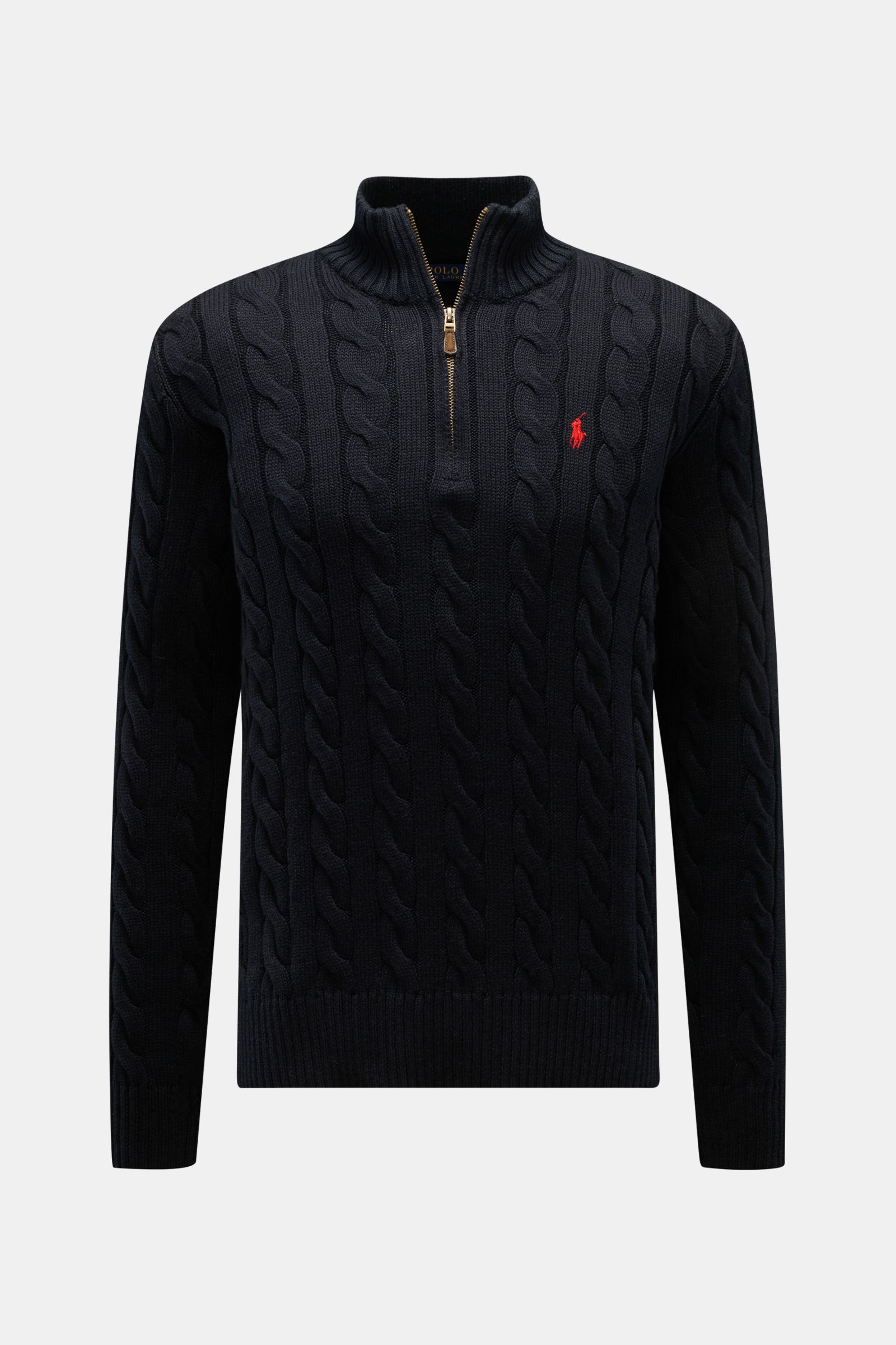 Polo Ralph Lauren Troyer navy, frontal fotografiert, Zopfstrick aus reiner Baumwolle, Slim Fit, Troyer-Kragen mit Reißverschluss, rotes Polospieler-Stitching.