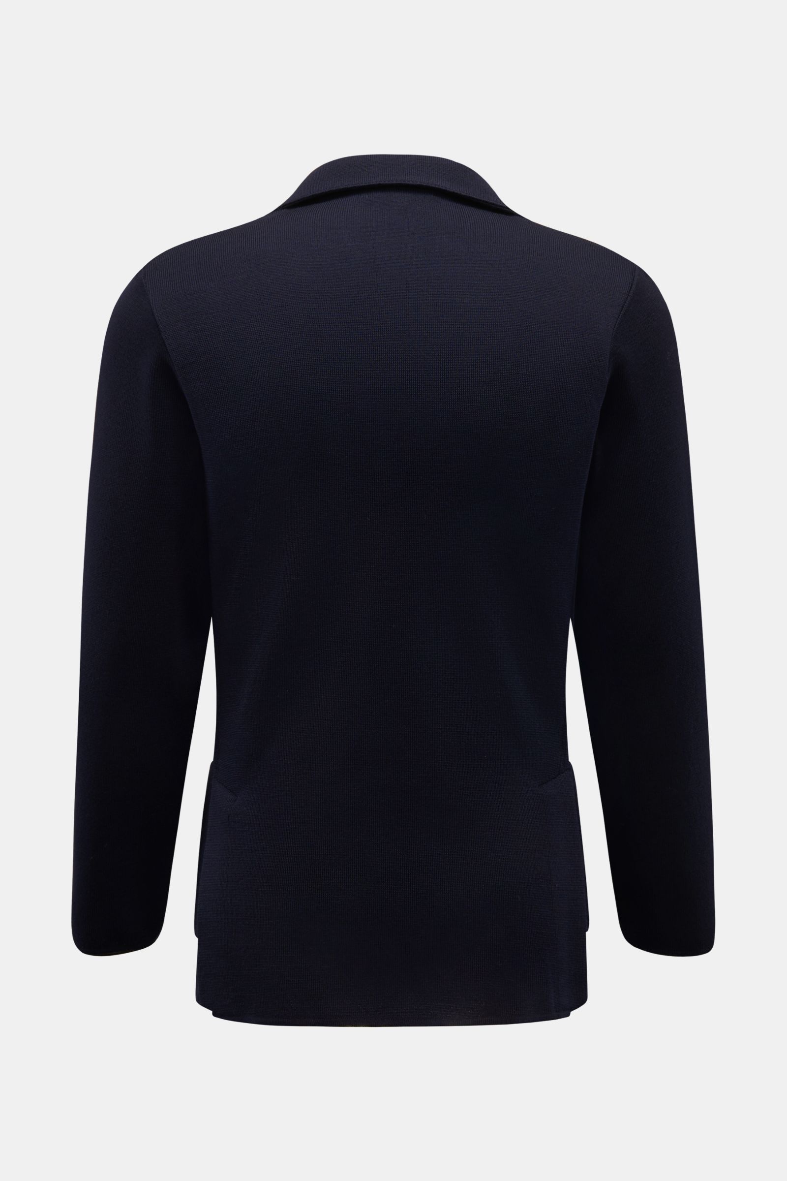 Rückansicht des taillierten Lardini Strickblazer navy aus reiner Wolle, Slim Fit mit Seitenschlitzen und aufgesetzten Hüfttaschen.