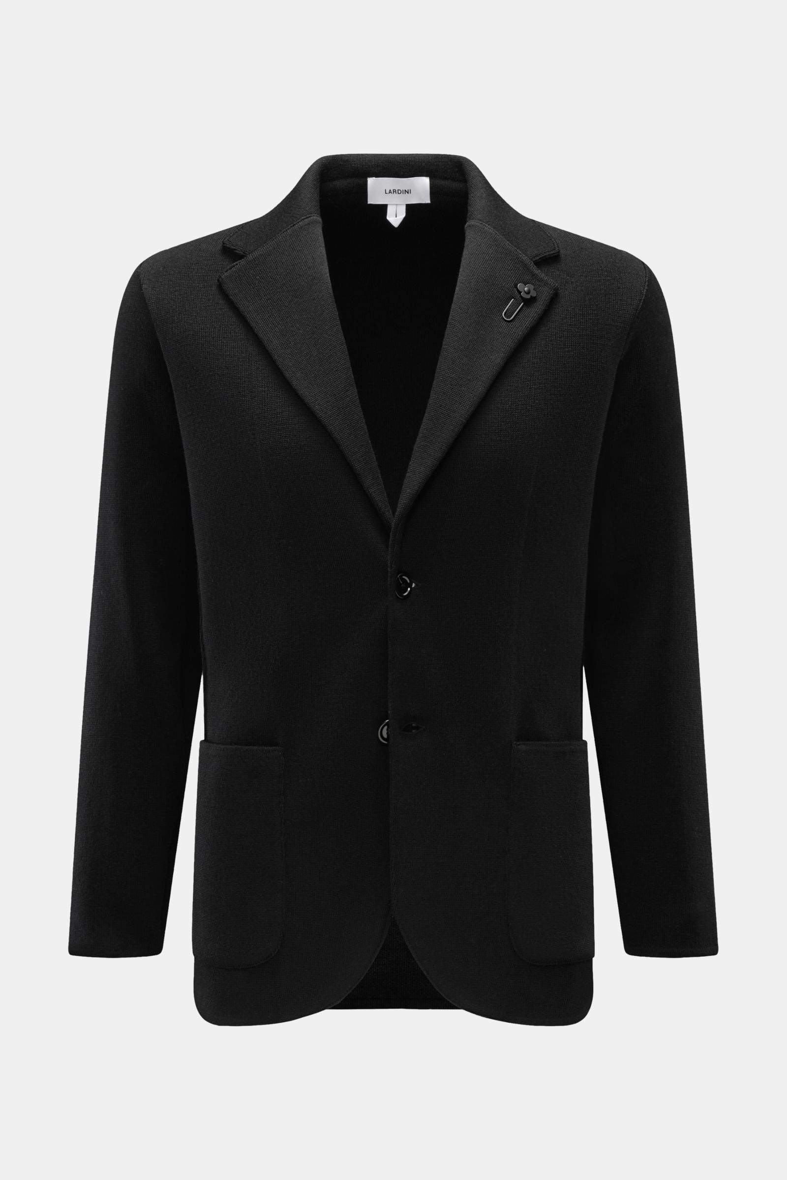 Front view of Lardini Knit blazer black, a slim fit pure wool knit blazer with soft feel, fine knit, two-button style, lapel with flower pin, side vents, and patch hip pockets. With a classic silhouette and made from pure wool, this stylish knit blazer fr