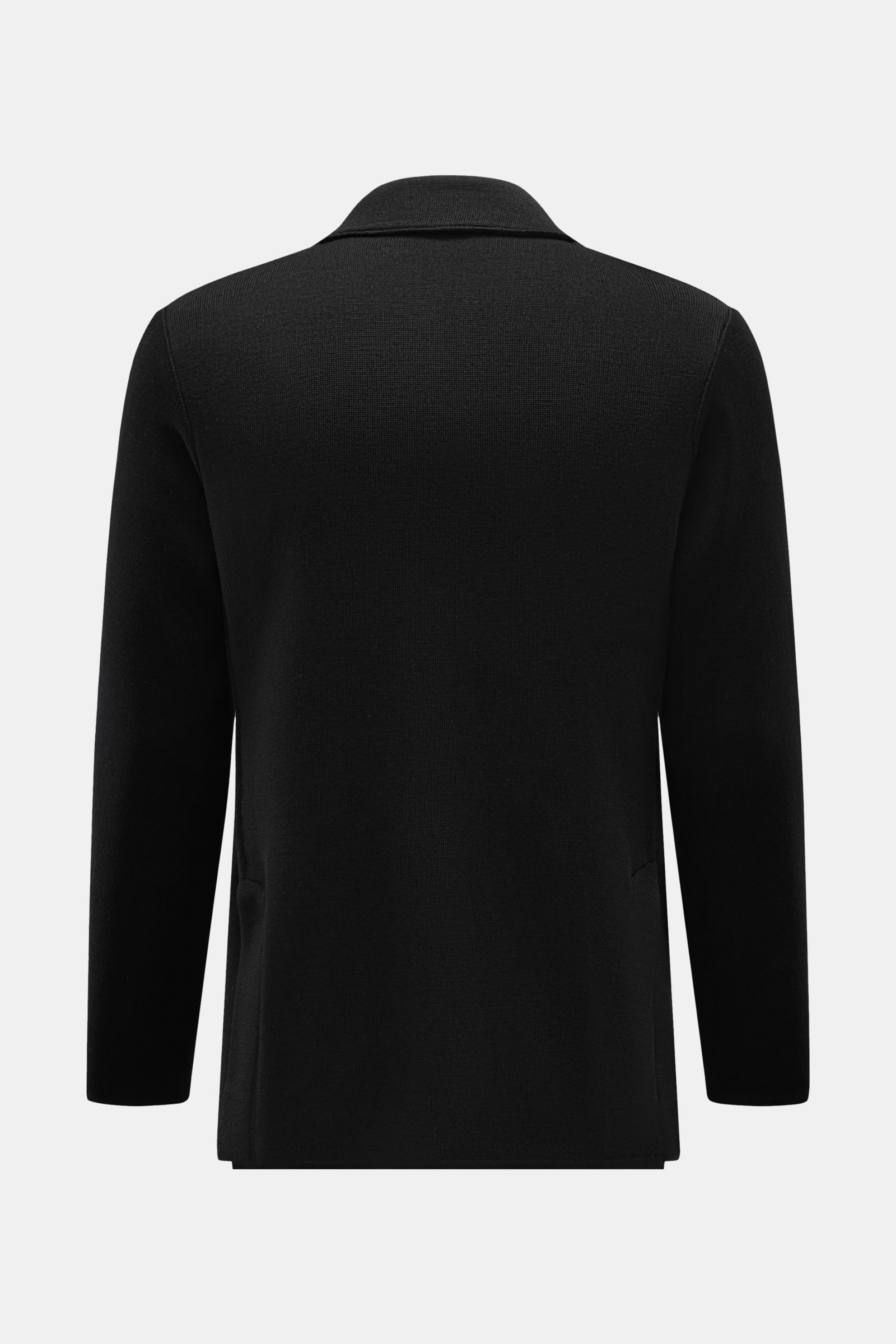 Back view of Lardini Knit blazer black, a slim fit pure wool knit blazer with soft feel, fine knit, side vents, and patch hip pockets.

Description: With a classic silhouette and made from pure wool, this stylish knit blazer from LARDINI adds style and
