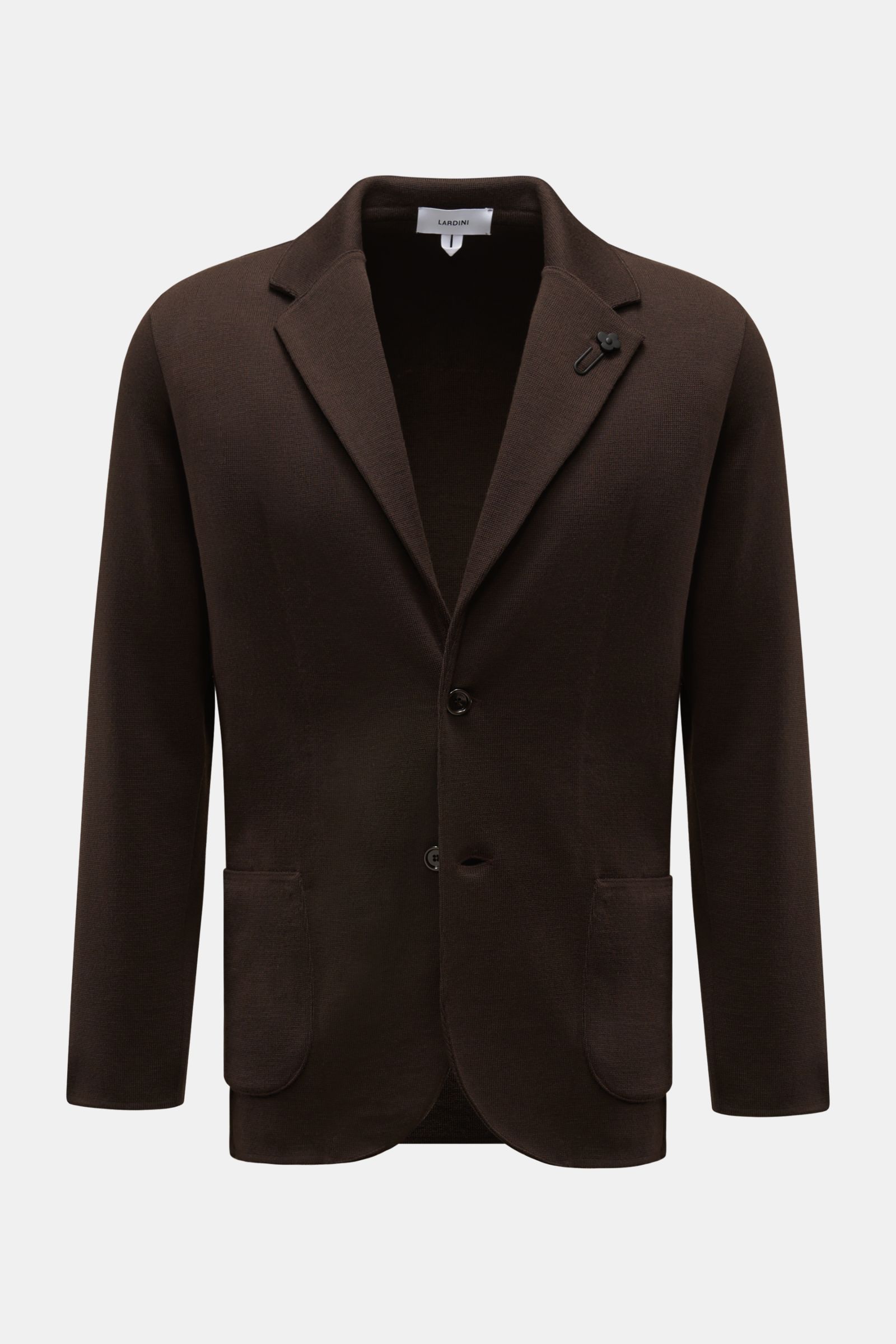 Front view of Lardini Knit blazer dark brown in pure wool with slim fit, two-button style, lapel flower pin, patch hip pockets, and side vents. With a classic silhouette and made from pure wool, this stylish knit blazer from LARDINI will perfect your smar