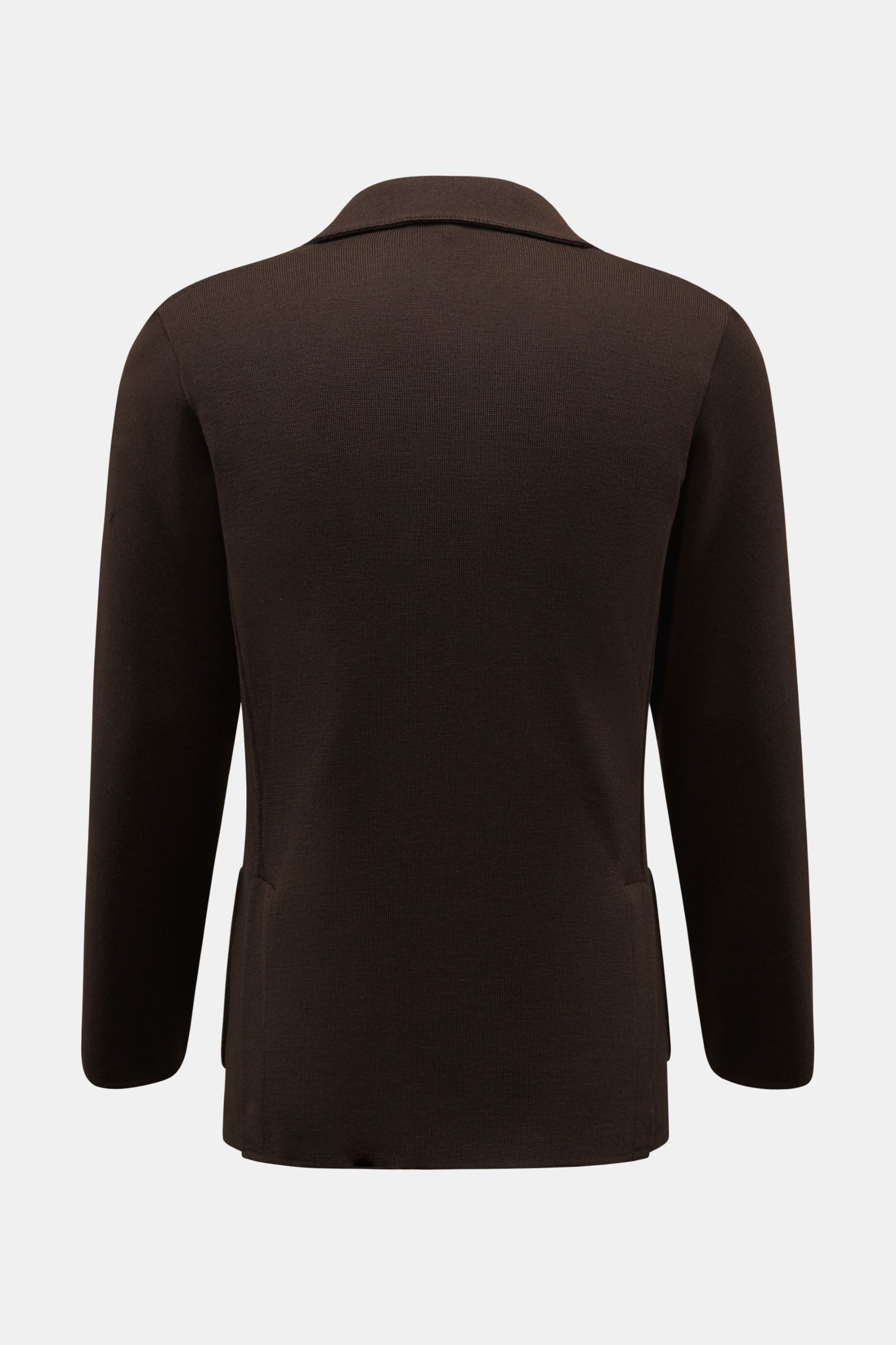 Back view of Lardini Knit blazer dark brown, slim fit pure wool knit with soft feel, patch hip pockets, and side vents.

Description:
With a classic silhouette and made from pure wool, this stylish knit blazer from LARDINI will perfect your smart-casua