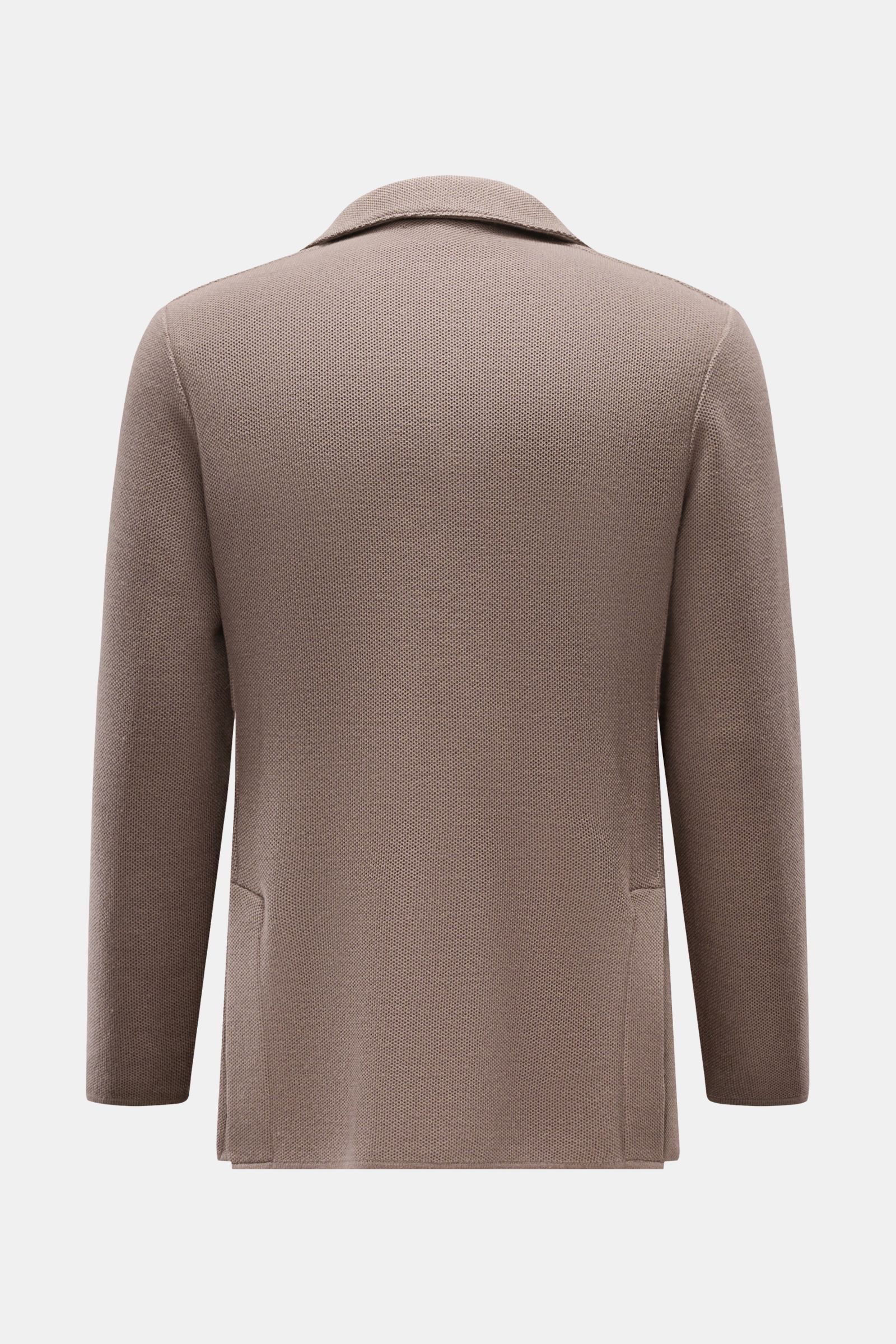 Lardini Strickblazer graubraun, tailliert, Slim Fit, fein strukturierter Woll-Seide-Cashmere-Mix, Rückansicht mit Seitenschlitzen und Hüfttaschen.