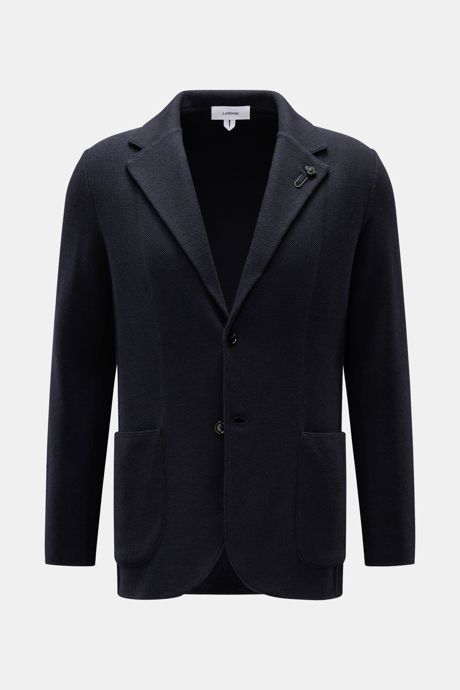 Lardini Strickblazer navy, Slim Fit, taillierter Zwei-Knopf-Stil, weicher Woll-Seide-Cashmere-Mix, Revers mit Blütenpin, frontale Ansicht