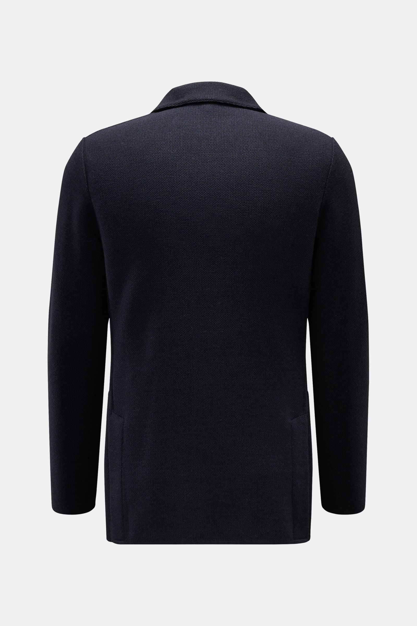 Lardini Strickblazer navy, taillierter Slim Fit, Rückenansicht, weicher Strick aus Wolle, Seide, Cashmere mit Seitenschlitzen, Hüfttaschen, Blütenpin.