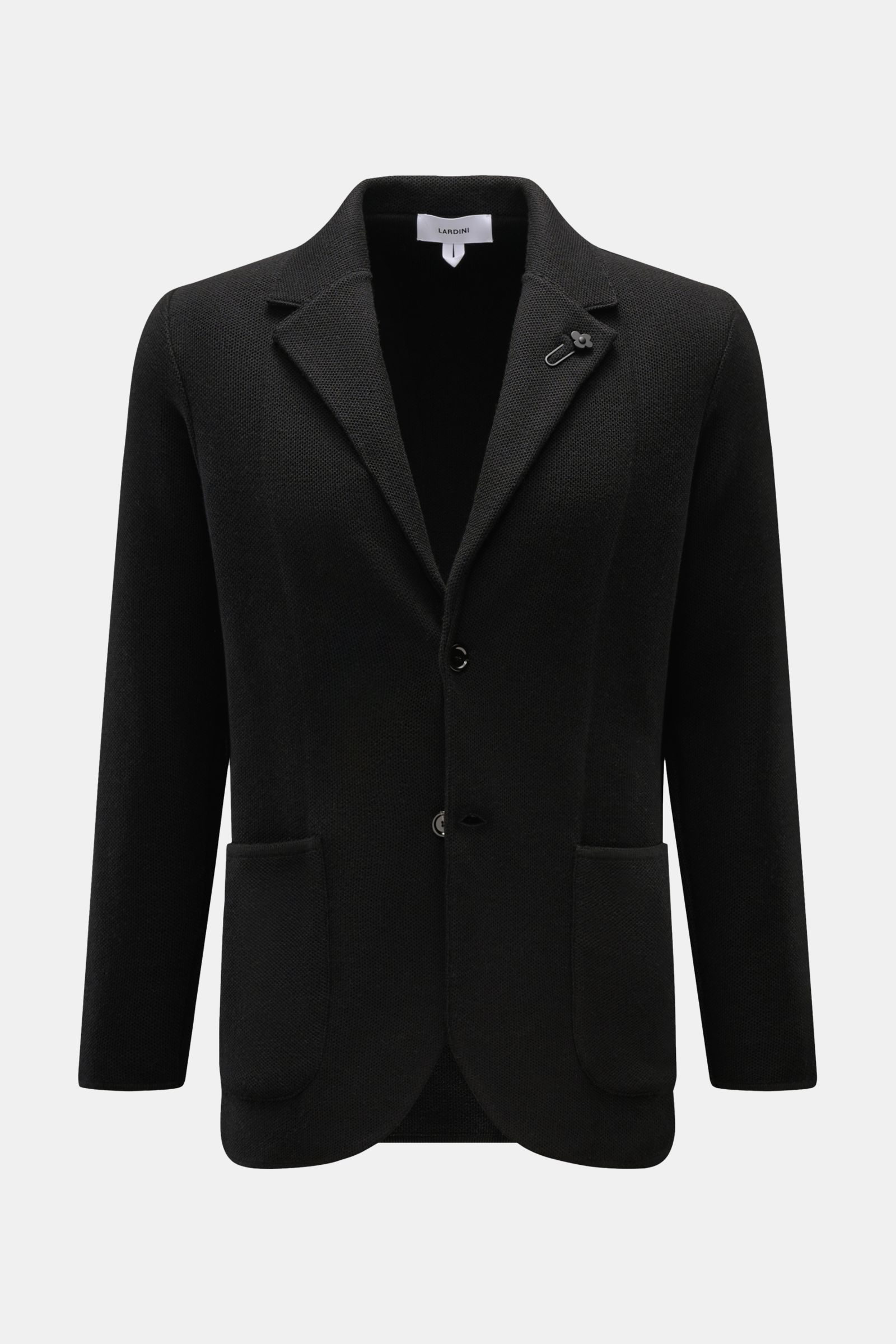 Front view of Lardini Knit blazer black, a slim fit, finely textured wool, silk, and cashmere knit blazer with a soft feel, two-button closure, lapel with flower pin, patch hip pockets, and side vents at the back. Stylish knitwear with character: This fit