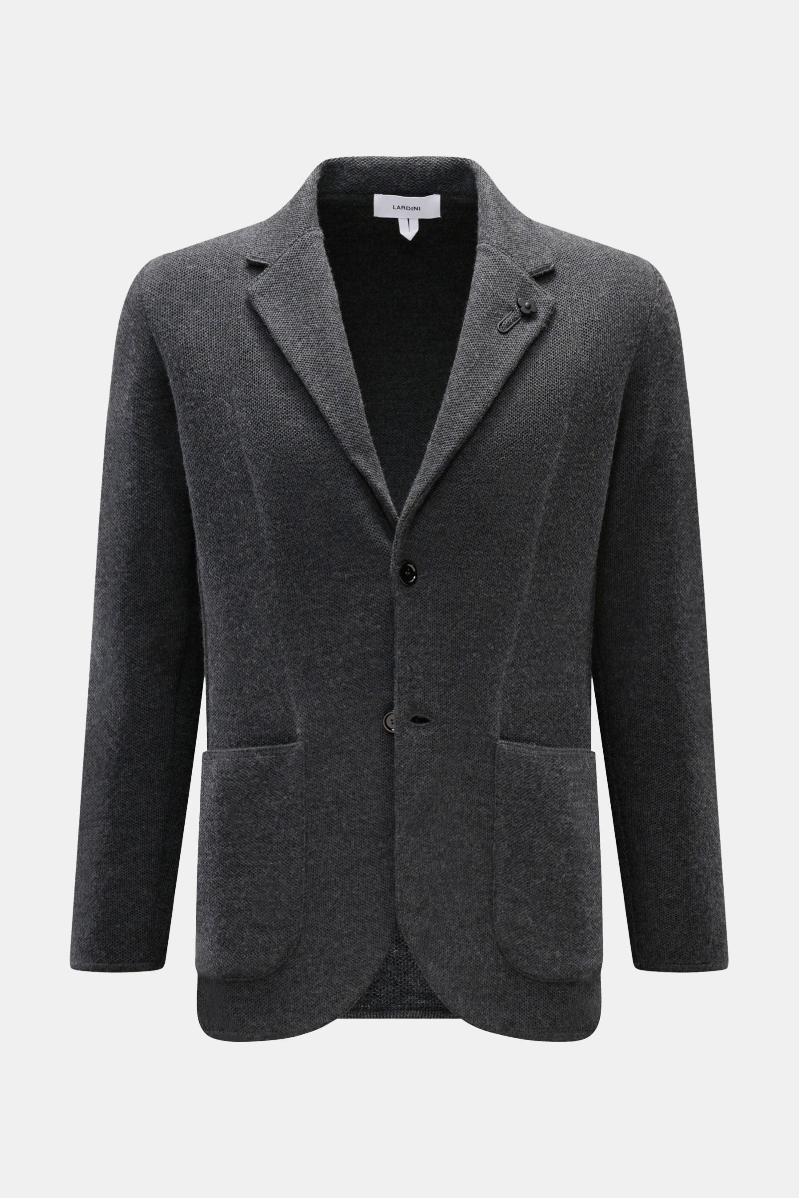 Front view of Lardini Knit blazer dark grey mottled, a slim fit knit blazer with two buttons, patch hip pockets, and lapel flower pin.

Description: 
Stylish knitwear with character: This fitted knit blazer by LARDINI in a luxurious blend of wool, silk