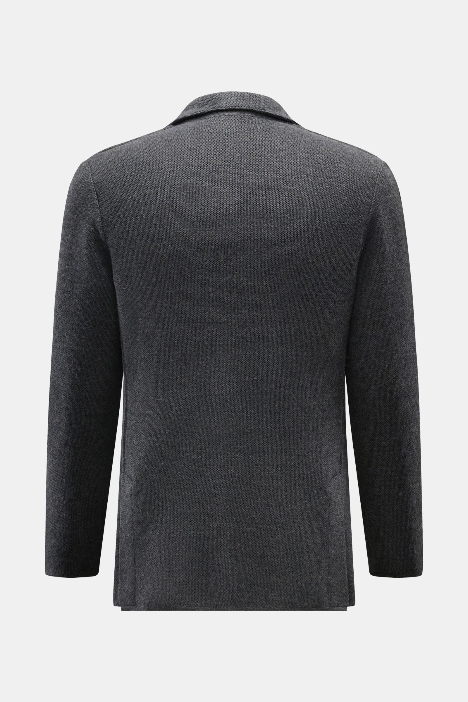 Rear view of Lardini Knit blazer dark grey mottled, slim fit with side vents, patch pockets, and soft wool, silk, cashmere knit texture.

Description: Stylish knitwear with character: This fitted knit blazer by LARDINI in a luxurious blend of wool, sil