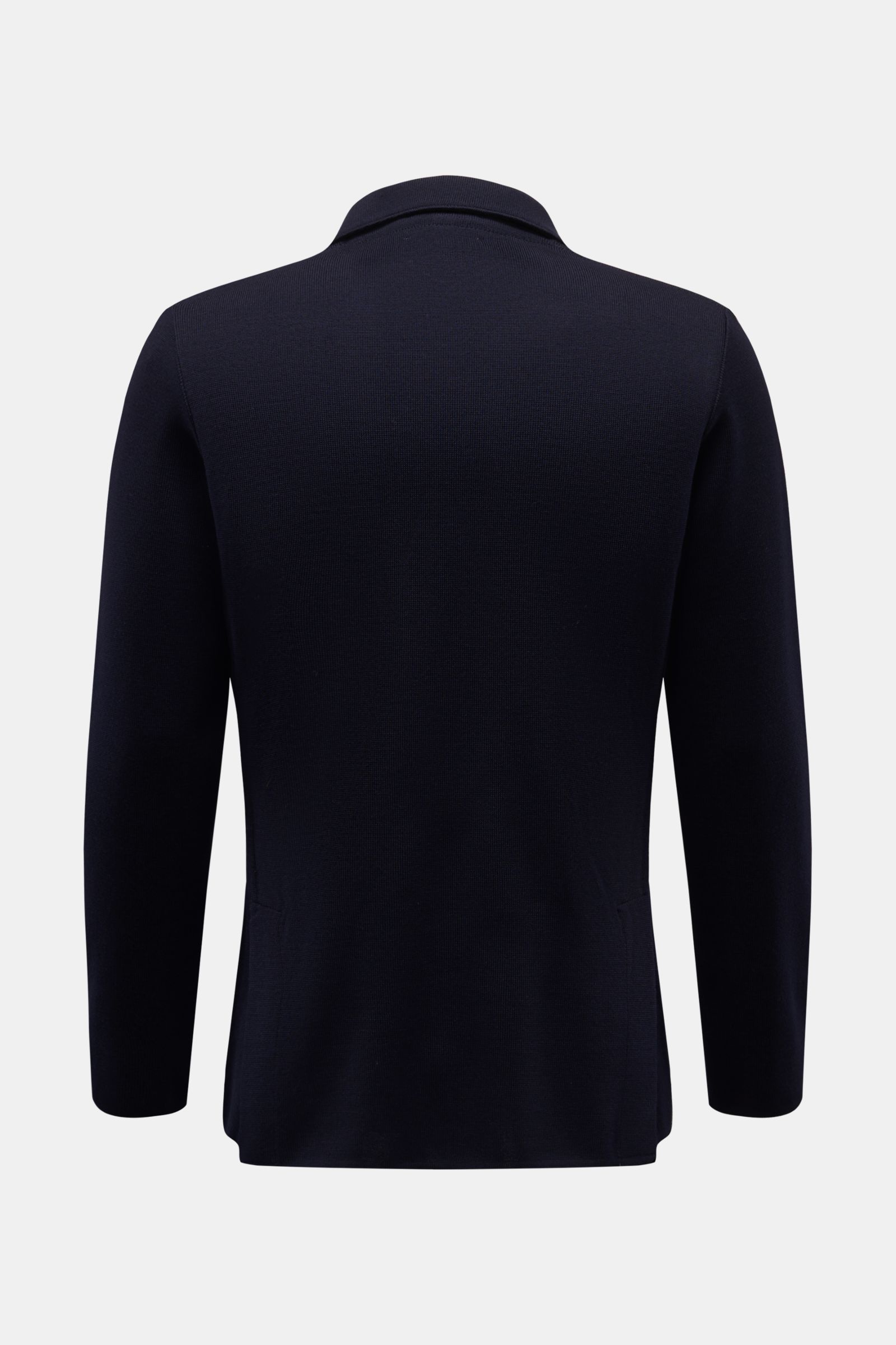 Rückansicht des Lardini Strickblazer navy aus reiner Wolle mit Slim Fit, weichem Griff, feinem Strickbild und rückwärtigen Seitenschlitzen.