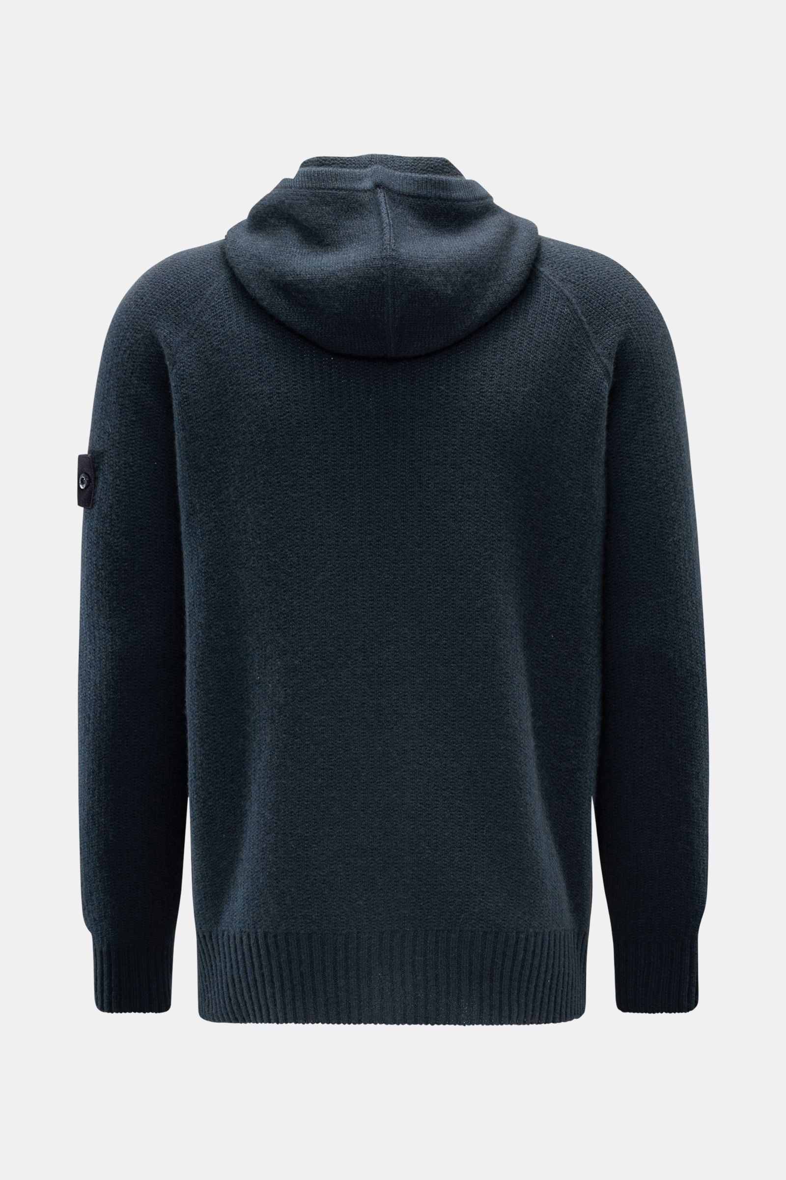 Stone Island Cashmere Strickjacke 'Ghost Piece' navy, Rückansicht, Kapuze, Raglan-Ärmel, reiner Cashmere, softer Griff, Regular Fit, tonales Badge.