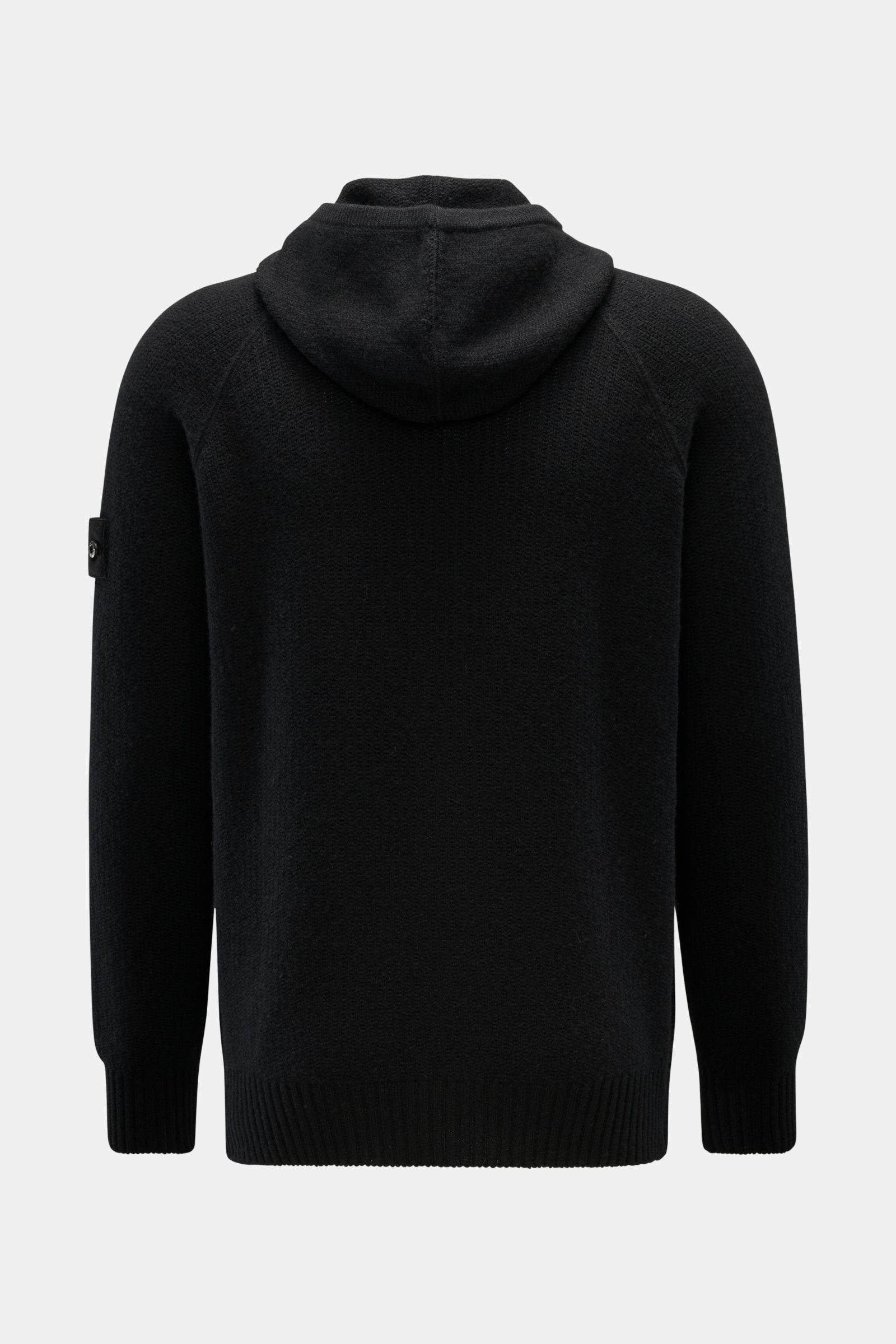 Stone Island Cashmere Strickjacke 'Ghost Piece' schwarz, Rückansicht, mit Kapuze, robustem Zwei-Wege-Zipper, Raglan-Ärmeln, tonalem Kompass-Badge, Regular Fit, reiner Cashmere, weicher Griff, mittelfeines Strickbild, markante Overlock-Nähte, flexible Ripp