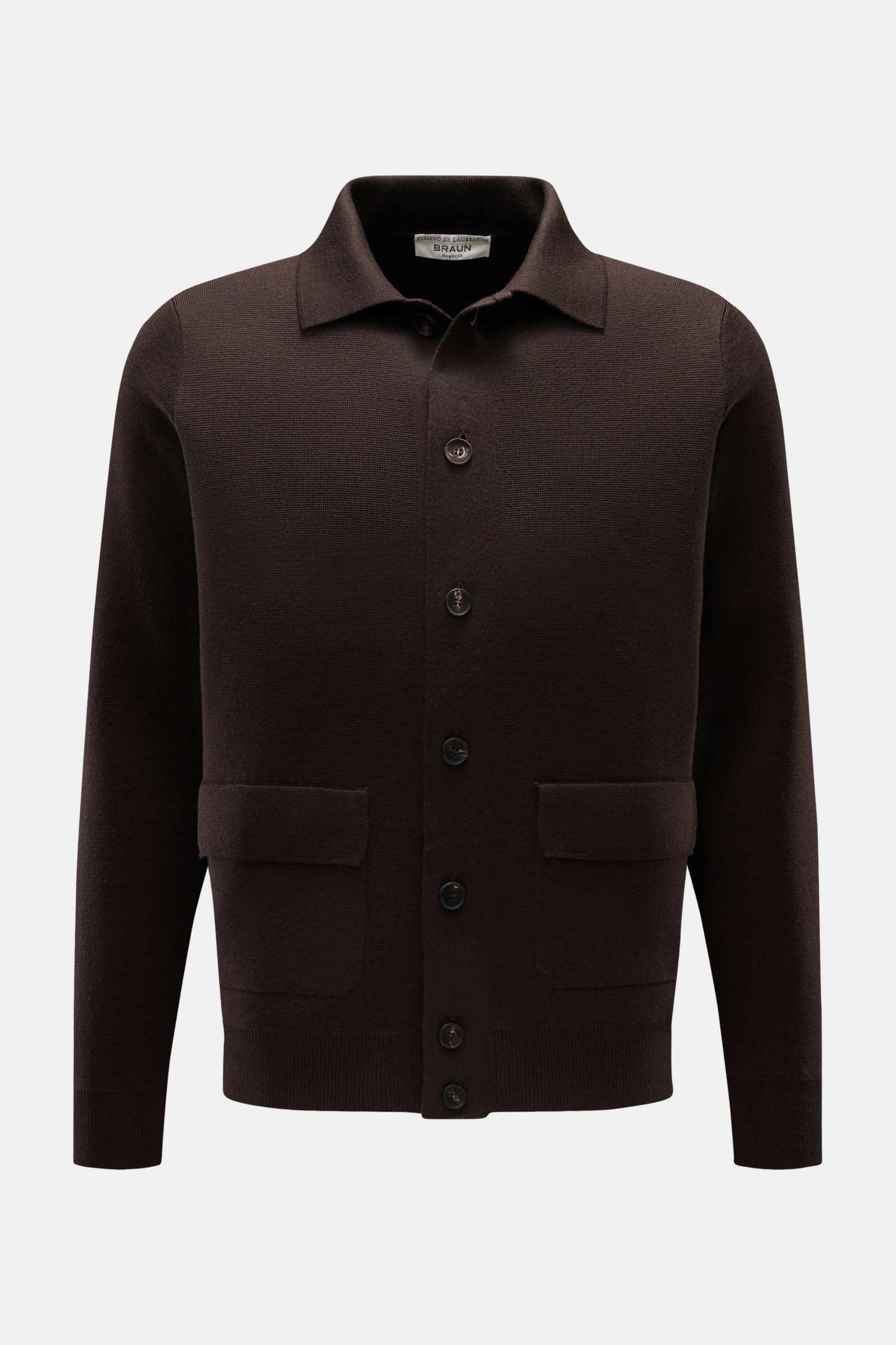Filippo de Laurentiis Merino Cardigan dunkelbraun, frontal, Regular Fit mit Umlegekragen, Knopfleiste, Fronttaschen, Rippbündchen, 100% Merinowolle, strukturierte, schwere Qualität.