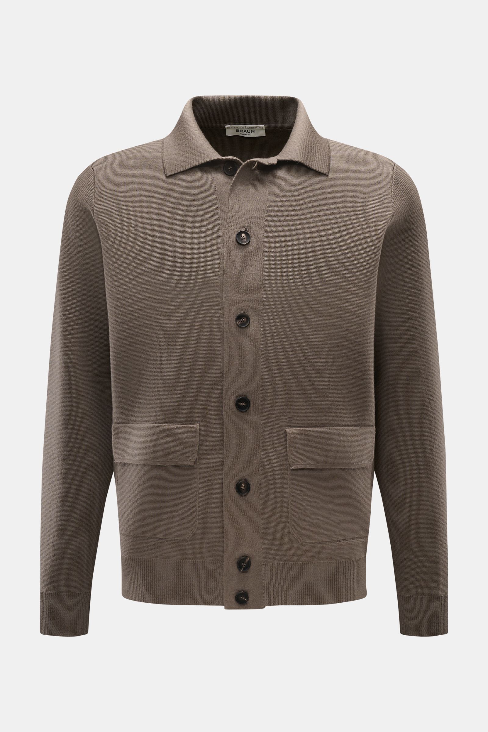 Front view of the Filippo de Laurentiis Merino Cardigan graugrün, a grey-green cardigan made of 100% pure merino wool, featuring a structured feel, heavy fine knit quality, regular fit, full button placket, turn-down collar, patch front pockets, and comfo