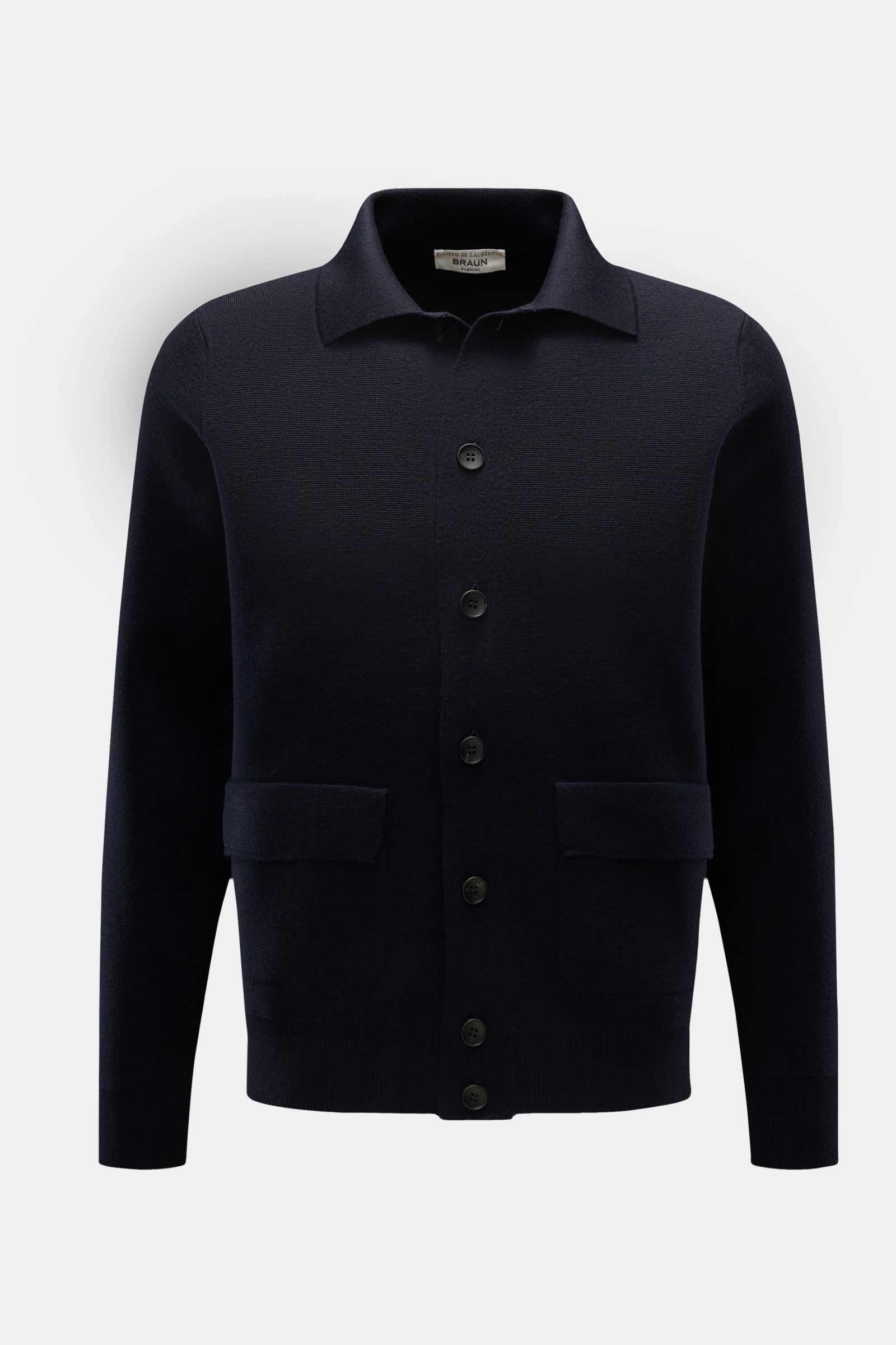 Filippo de Laurentiis Merino Cardigan navy in Frontansicht, Regular Fit, reine Merinowolle, Umlegekragen, Knopfleiste, aufgesetzte Taschen, Rippbündchen.