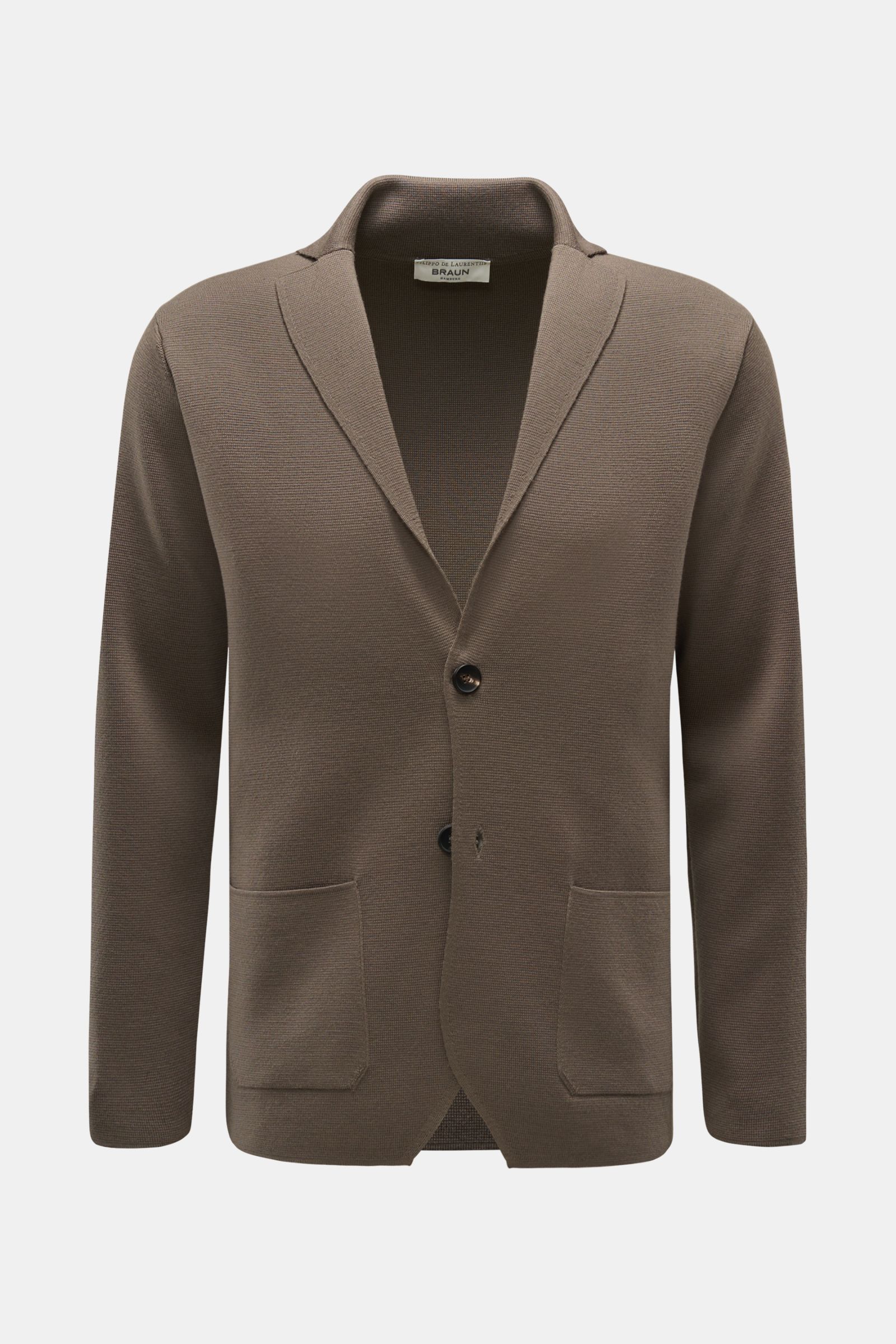 Filippo de Laurentiis Merino Cardigan khaki, Slim Fit, reine Merinowolle, schwere, fein gestrickte Qualität, strukturierter Griff, Reverskragen, Zwei-Knopf-Leiste, aufgesetzte Fronttaschen, Frontalansicht.