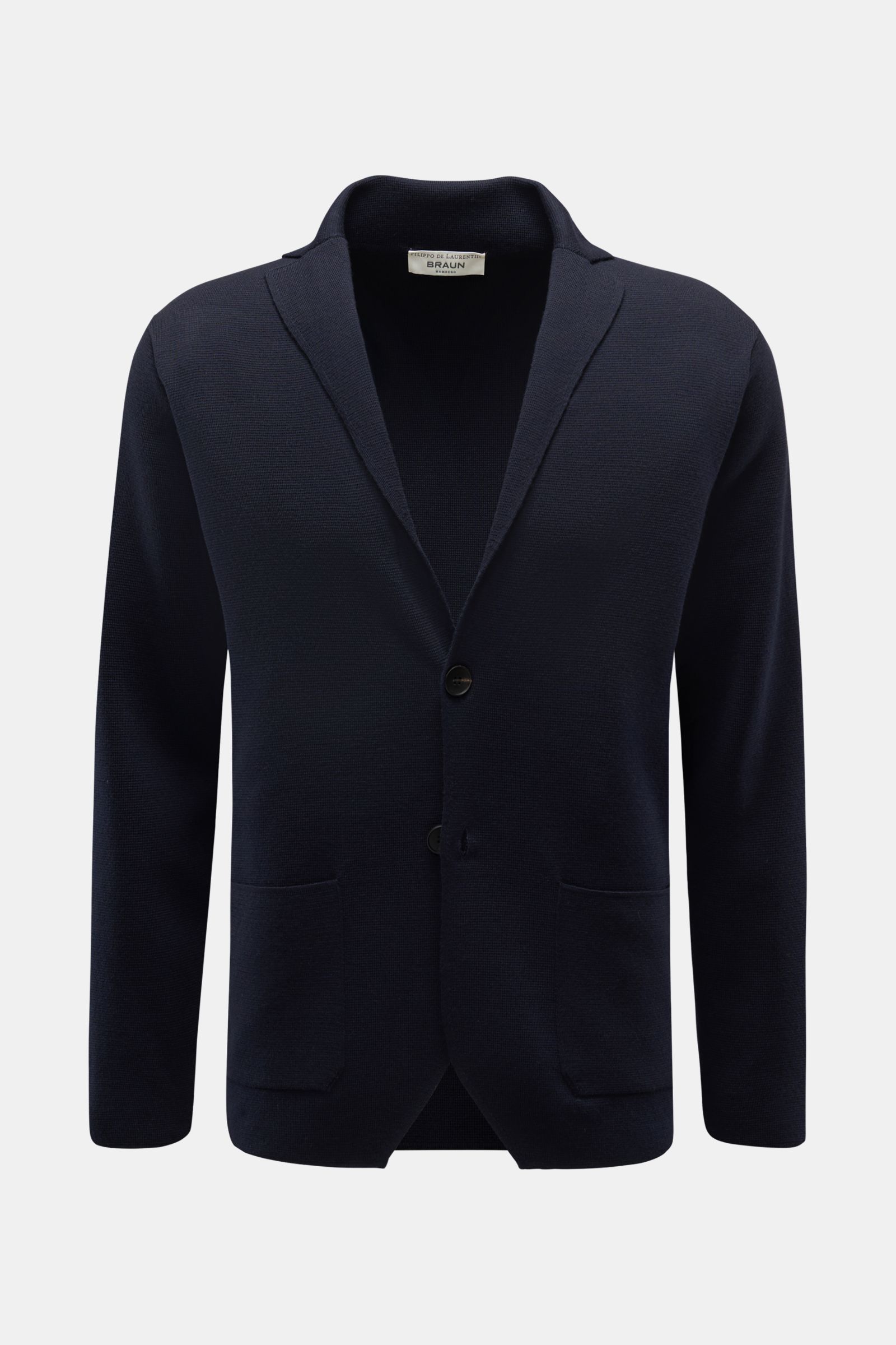 Filippo de Laurentiis Merino Cardigan navy, frontal fotografiert, Slim Fit, reine Merinowolle, schwere fein gestrickte Qualität, strukturierter Griff, Zwei-Knopf-Leiste, Reverskragen, aufgesetzte Fronttaschen.