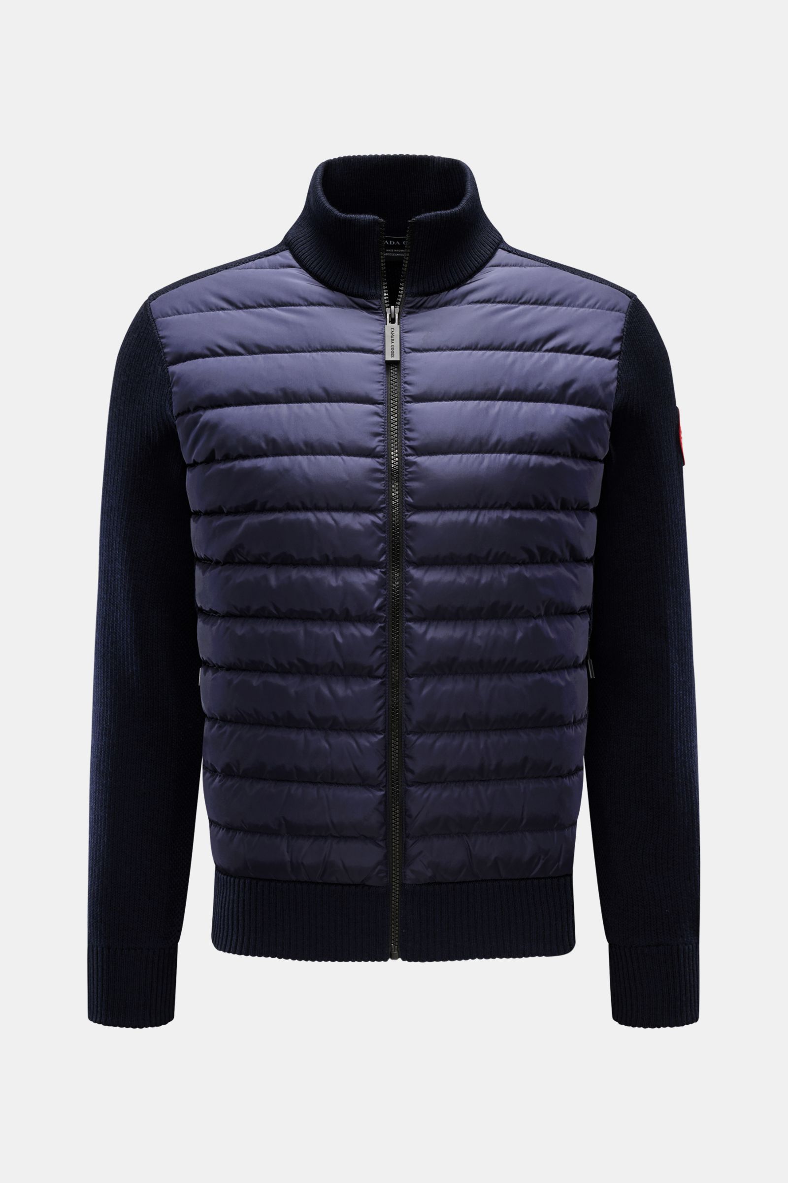 Canada Goose Strickjacke 'Hybridge Knit' navy, frontale Ansicht, Daunen-Front, reine Wolle, Slim Fit, Reißverschluss, Stehkragen, Zipper-Taschen, Rippbündchen