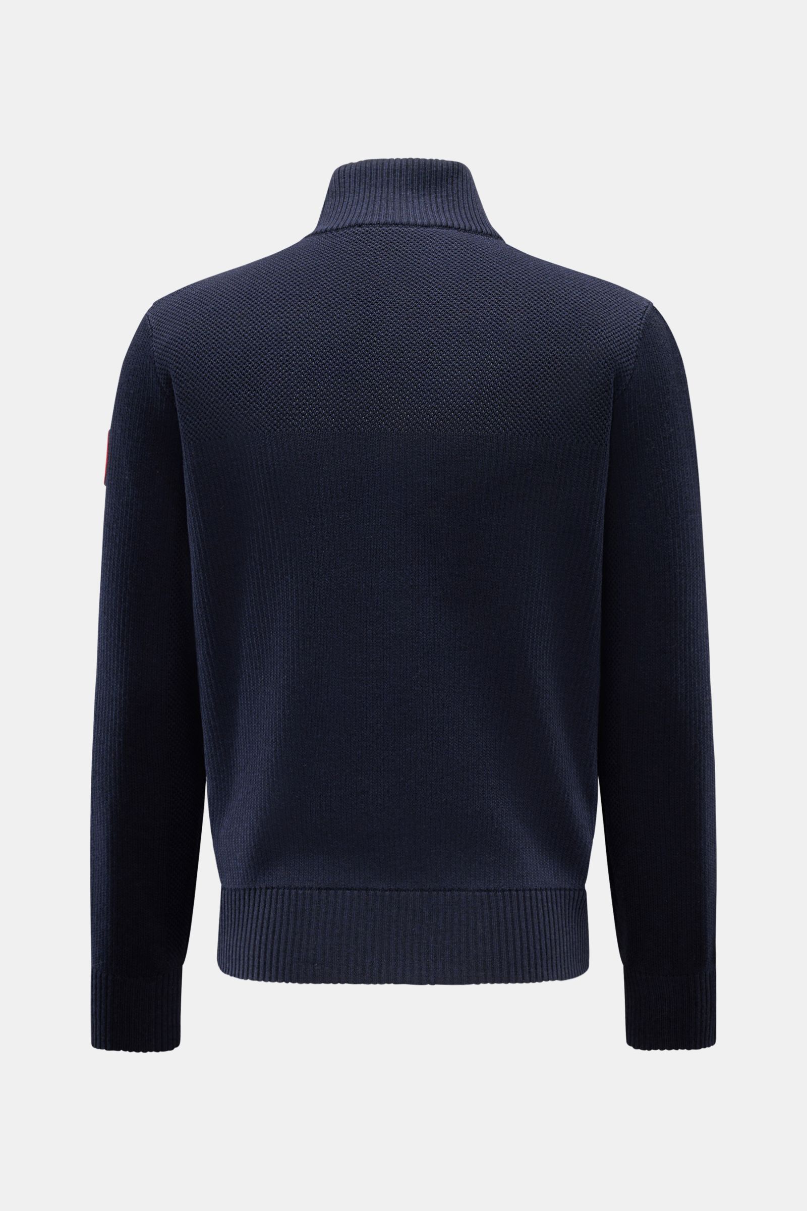 Canada Goose Strickjacke 'Hybridge Knit' navy, Rückansicht, reine Wolle mit strukturierter Oberfläche, Daunen-Front, Stehkragen, Slim Fit, Reißverschluss, Zipper-Taschen, Rippbündchen.