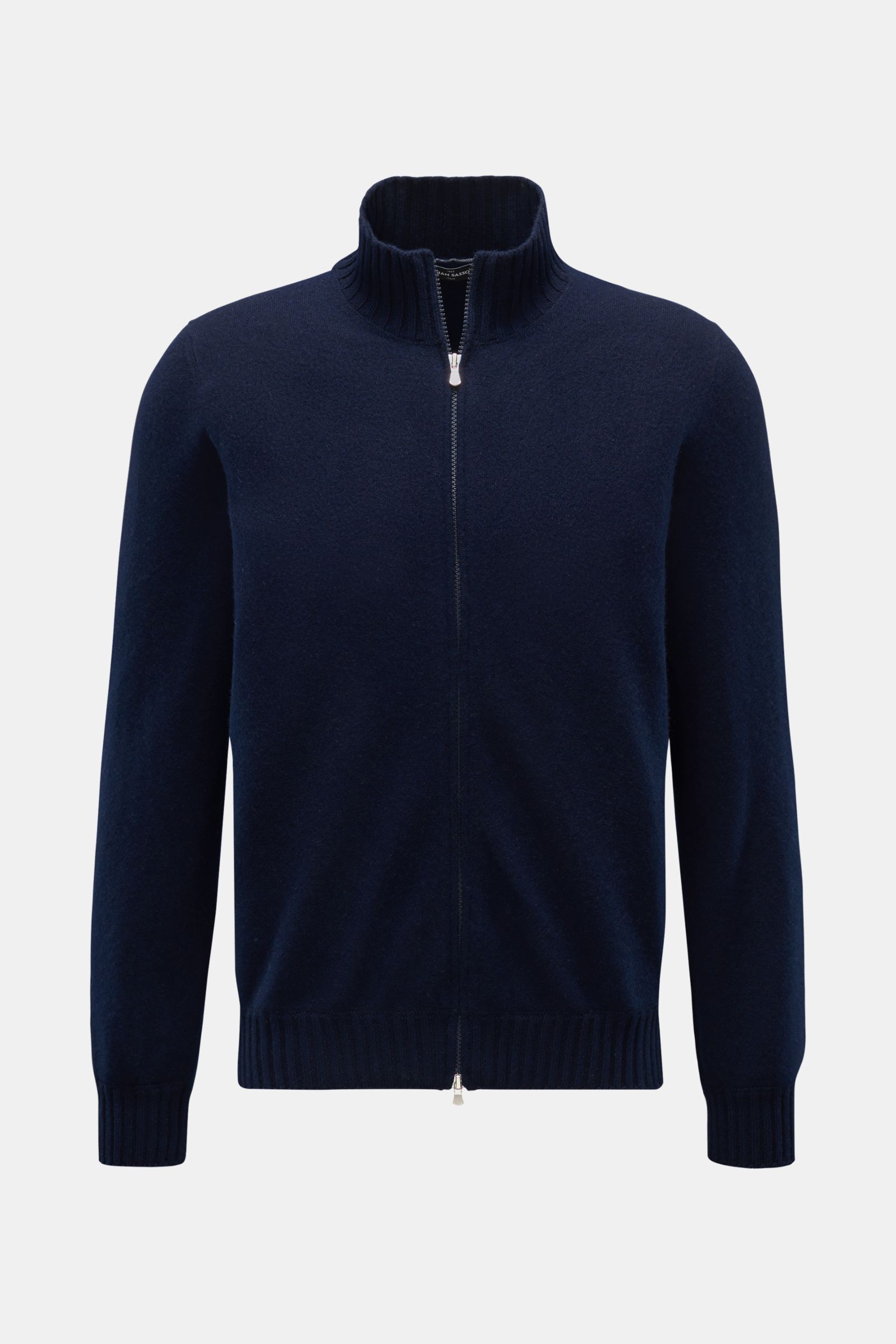 Gran Sasso Cashmere Strickjacke navy, sportives Basic mit Slim Fit, feinem Strickbild, Zwei-Wege-Reißverschluss, elastischen Rippbündchen, frontal fotografiert.