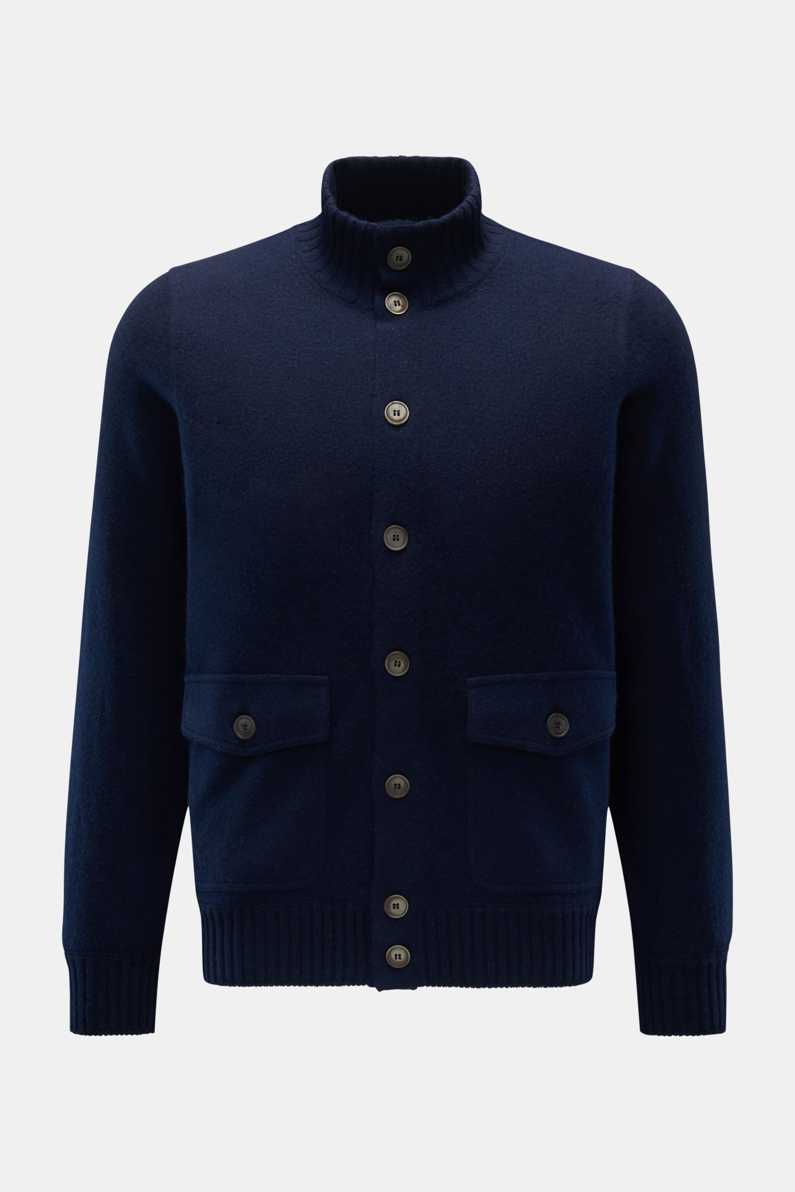 Gran Sasso Cashmere Cardigan navy, frontal fotografiert, Slim Fit mit Stehkragen, acht Knöpfen, aufgesetzten Taschen, Rippbündchen, weicher Cashmere.