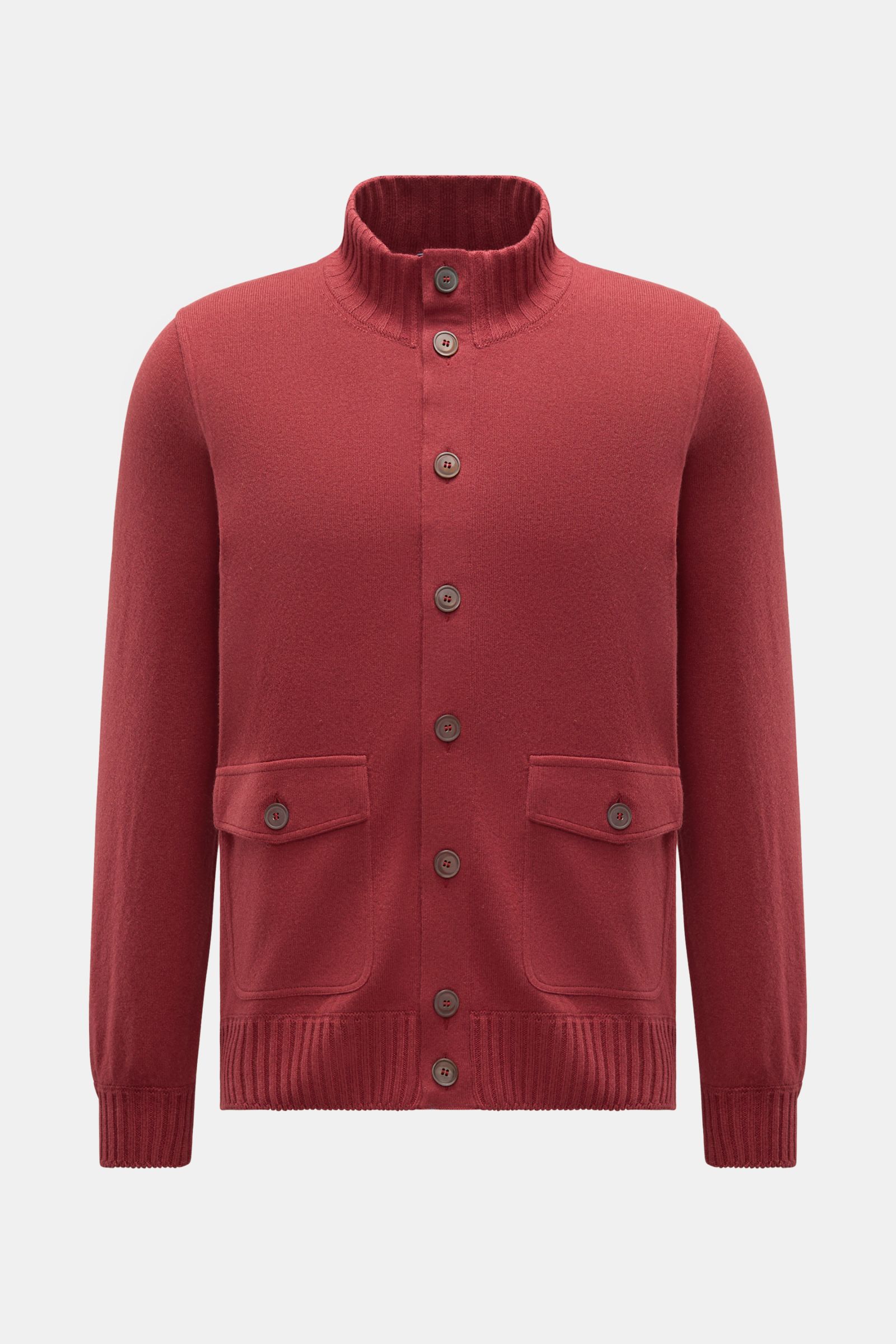 Gran Sasso Cashmere Cardigan dunkelrot, Slim Fit, aus reinem Cashmere mit Stehkragen, Acht-Knopf-Leiste, Hüfttaschen und Rippbündchen, frontal fotografiert.