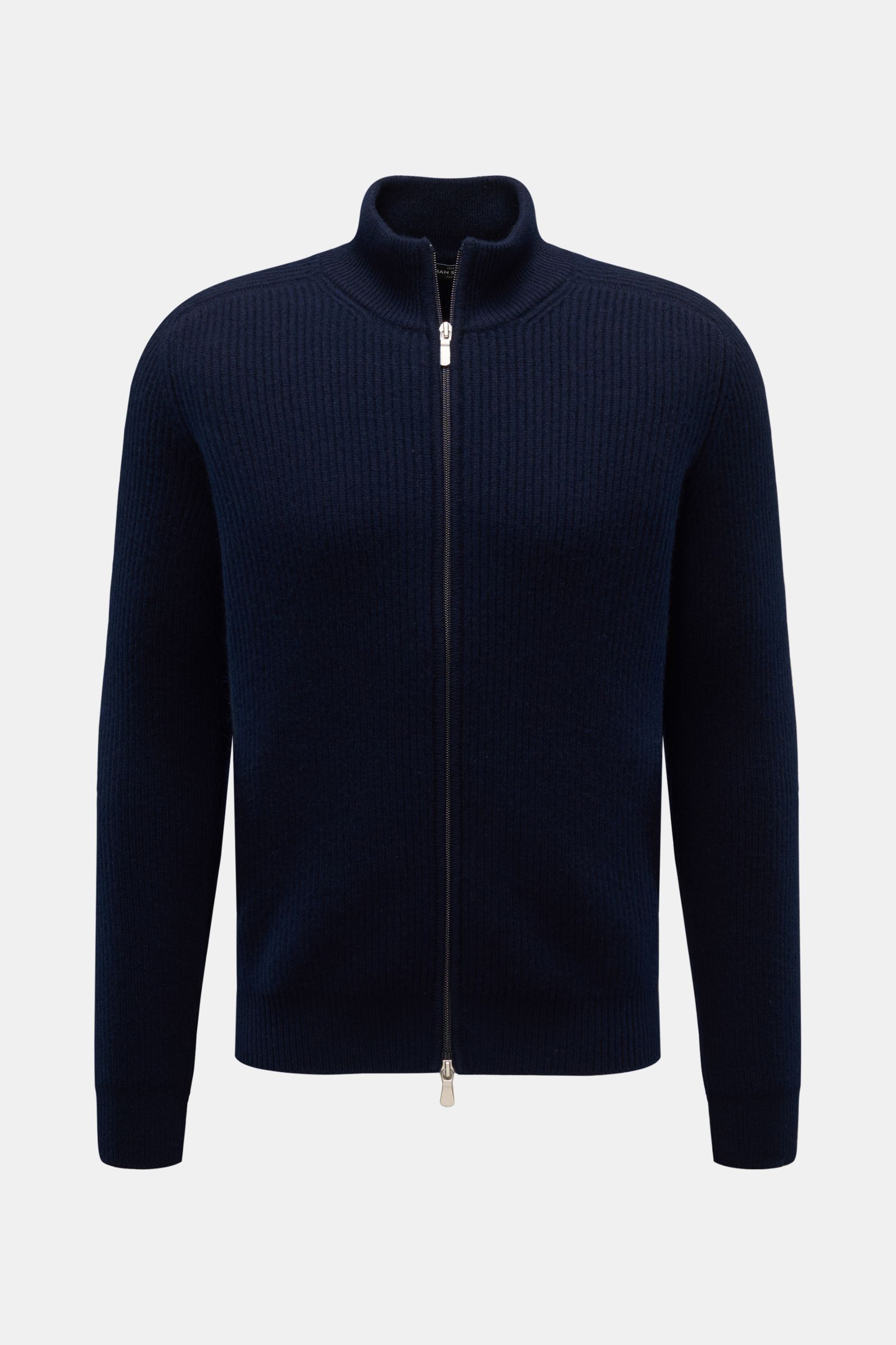 Front view of Gran Sasso Rundhalspullover navy, a slim fit navy blue zip-up sweater made of reine Baumwolle, with weicher Griff, feines Strickbild, Rundhalsausschnitt, and komfortable Rippbündchen.